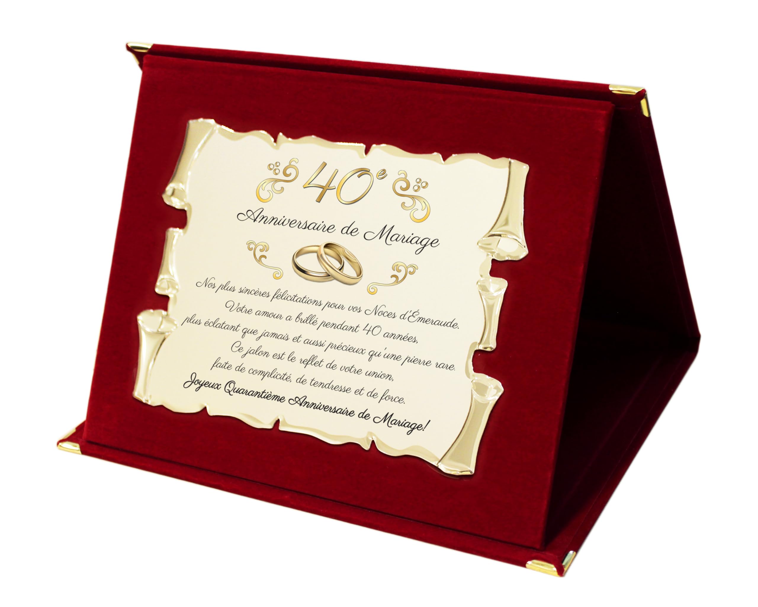 Placa de recuerdo elegante para 40º aniversario de boda | Regalo cuadragésimo | Bodas de Esmeralda | Pergamino de metal dorado decorativo con dedicatorio (rojo, 40 años)