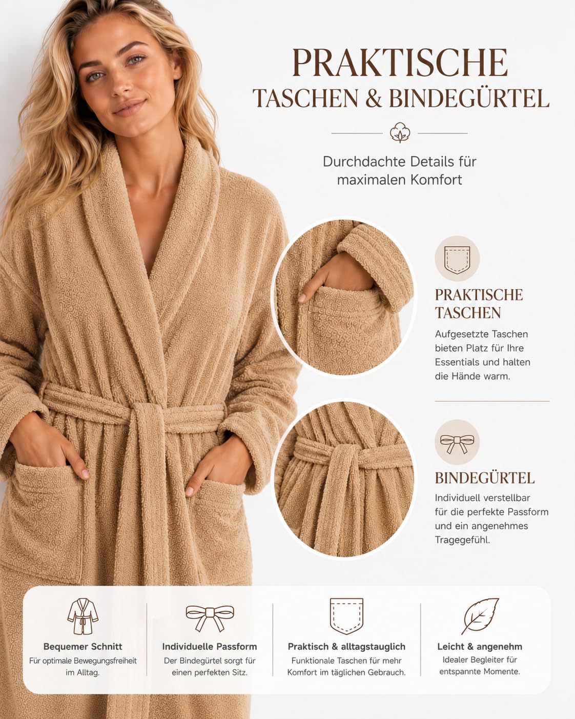 ELY PARKER Albornoz para mujer de rizo, cuello chal, algodón