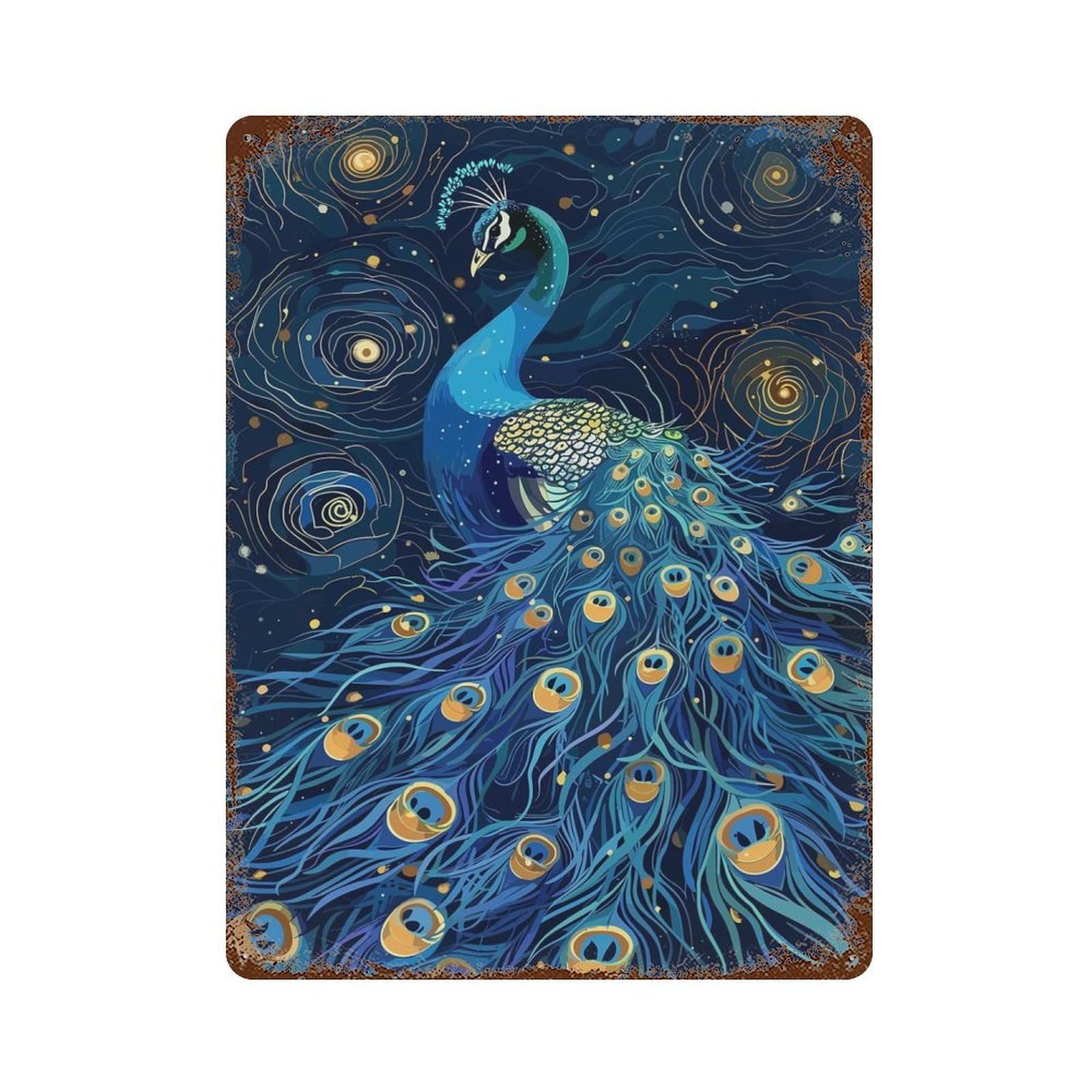 Elegant Peacock in Starry Night Weathered Tin Sign 15.7"x11.8", Vintage Wall Decor for Garage, Pub Or Kitchen