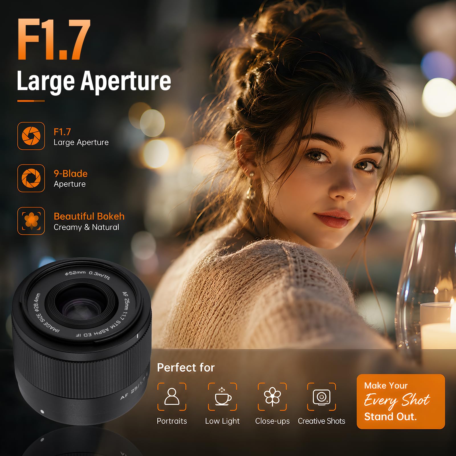 VILTROX 25mm F1.7 Air FE Obiettivo per Sony Automatica Fotocamere Lenti Attacco E Standard con Ampia Apertura APS-C Lenses Compatibile con i Modelli Sony a6000 a6100 a6300 a6400 a6500 a6600 A6700