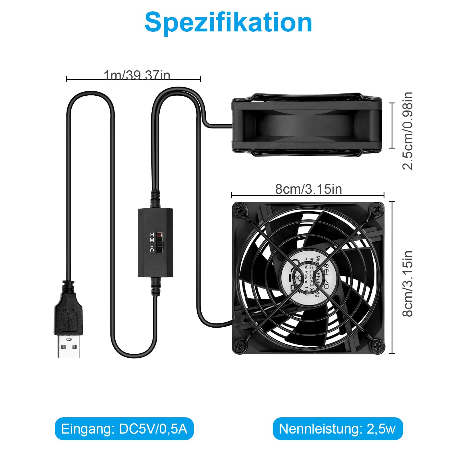 ELZO Wentylator USB 2 sztuki, 5 V z 3 regulowanymi prędkościami, cichy mini wentylator stołowy, USB PC wentylator osiowy (80 mm, czarny)