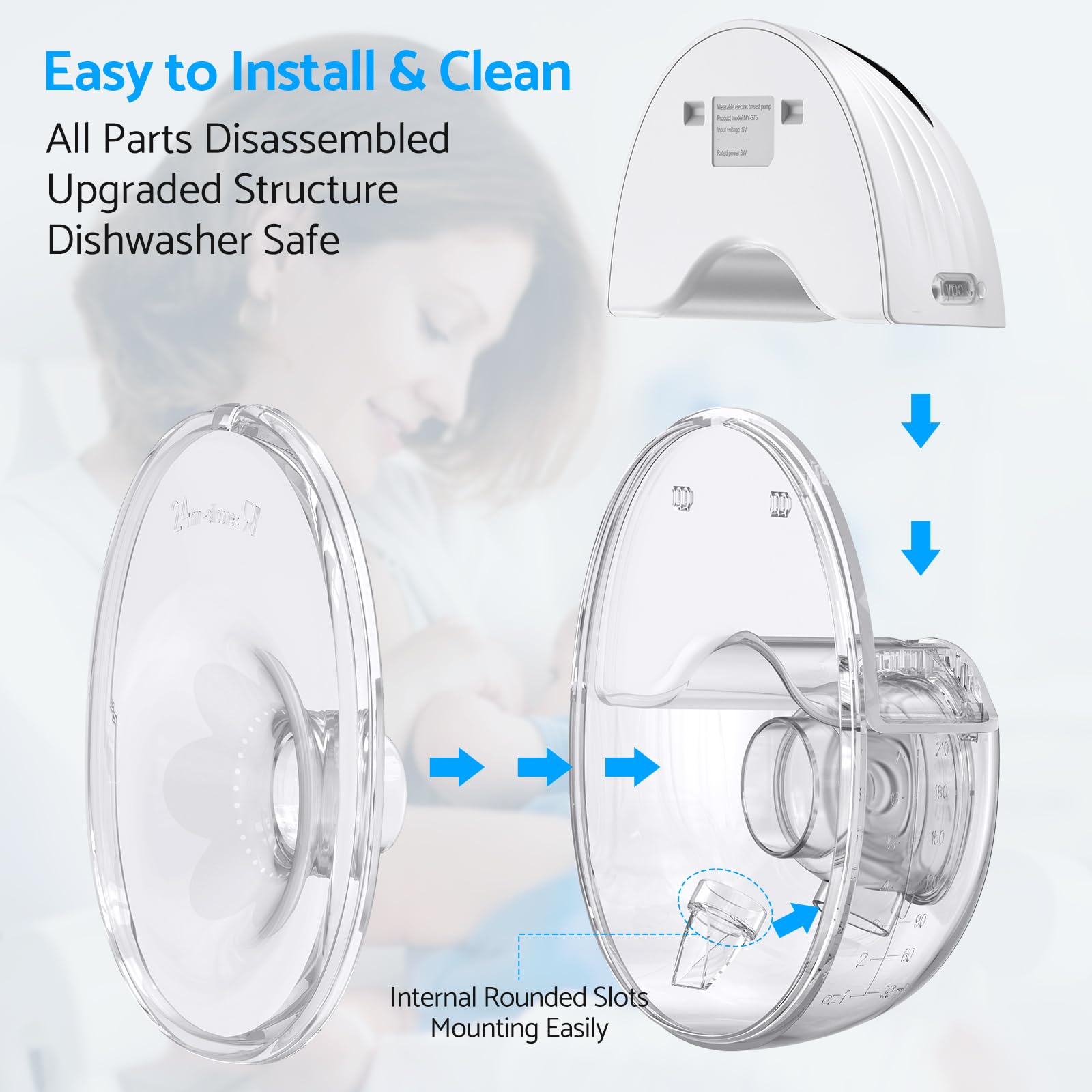 eSynic Extractor de leche materna portátil manos libres de 210 ml, 4 modos y 12 niveles, bomba de lactancia materna inalámbrica con brida de 24/21/19 mm, pantalla LED a prueba de fugas, sin BPA