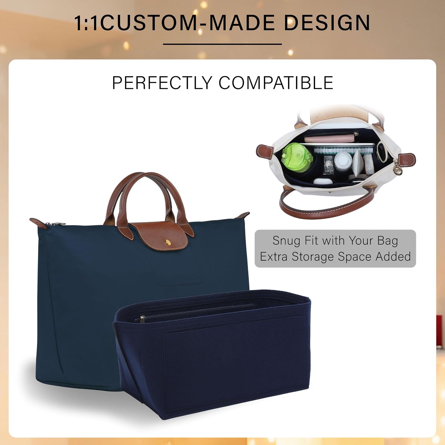 Purse Organizer Insert for Longchamp Le Pliage L Travel Tote Bag, Felt Lightweight Large Travel Tote Divider Shaper with Cup Holder,Zipper Bags Inner Linner with 9 Deepened Pockets,L/Navy-blue