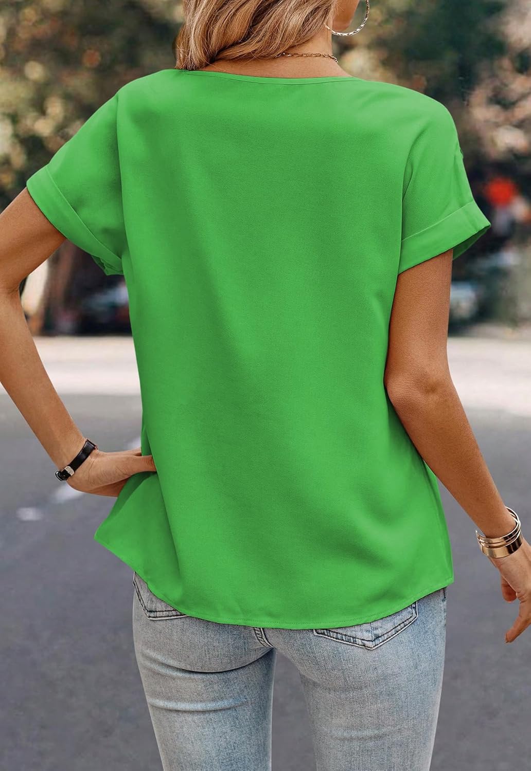 Summer Short Sleeve T Shirt for Women Pleated Crew Neck Top Casual Loose Blouses - Image 5