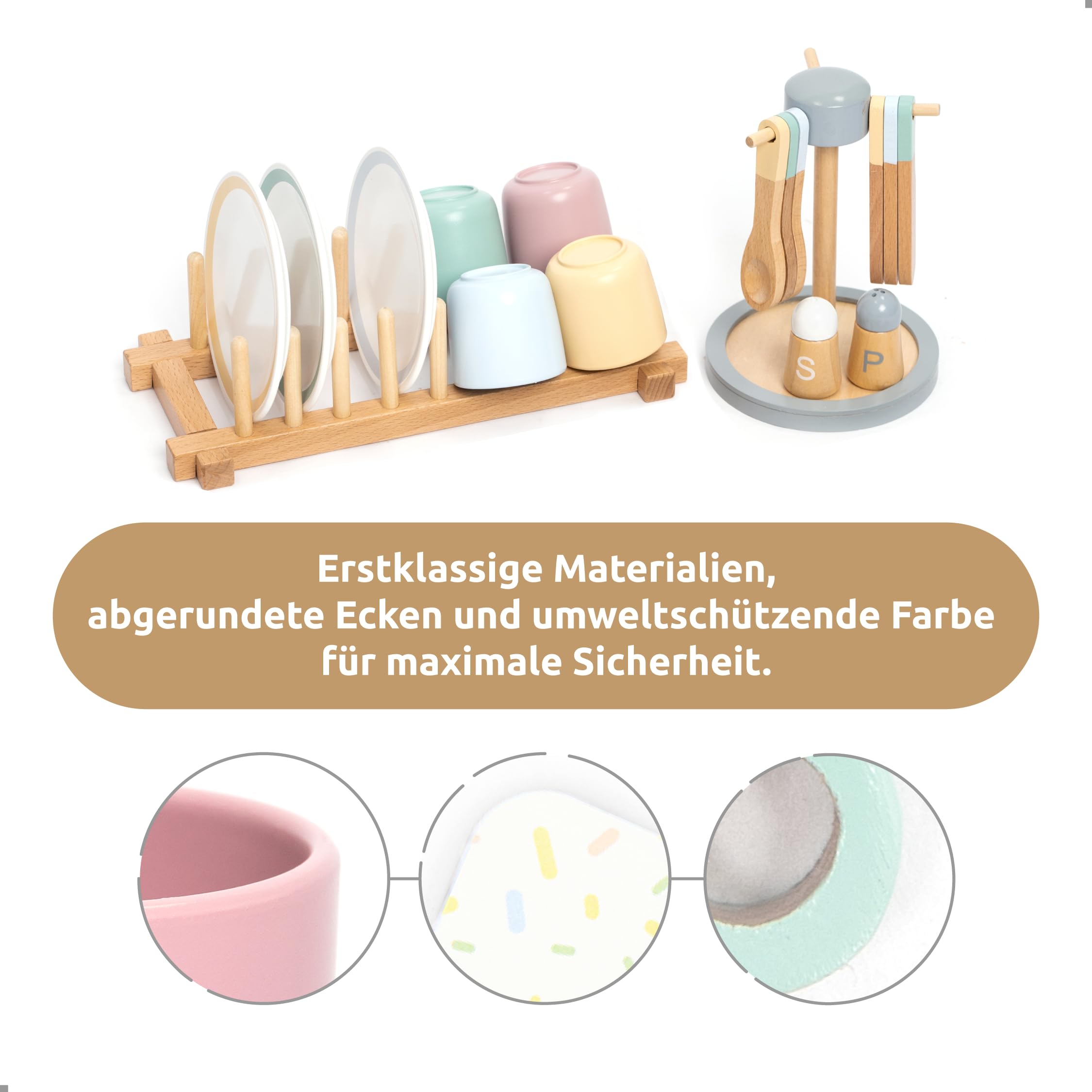 UMU® Großes Geschirrset aus Holz – 28-teiliges Tafelservice für Kinderküche mit Tellern, Tassen, Besteck & Ständer – Küchenzubehör für Spielküche – Rollenspiel-Geschirr ab 3 4 5 6 Jahren