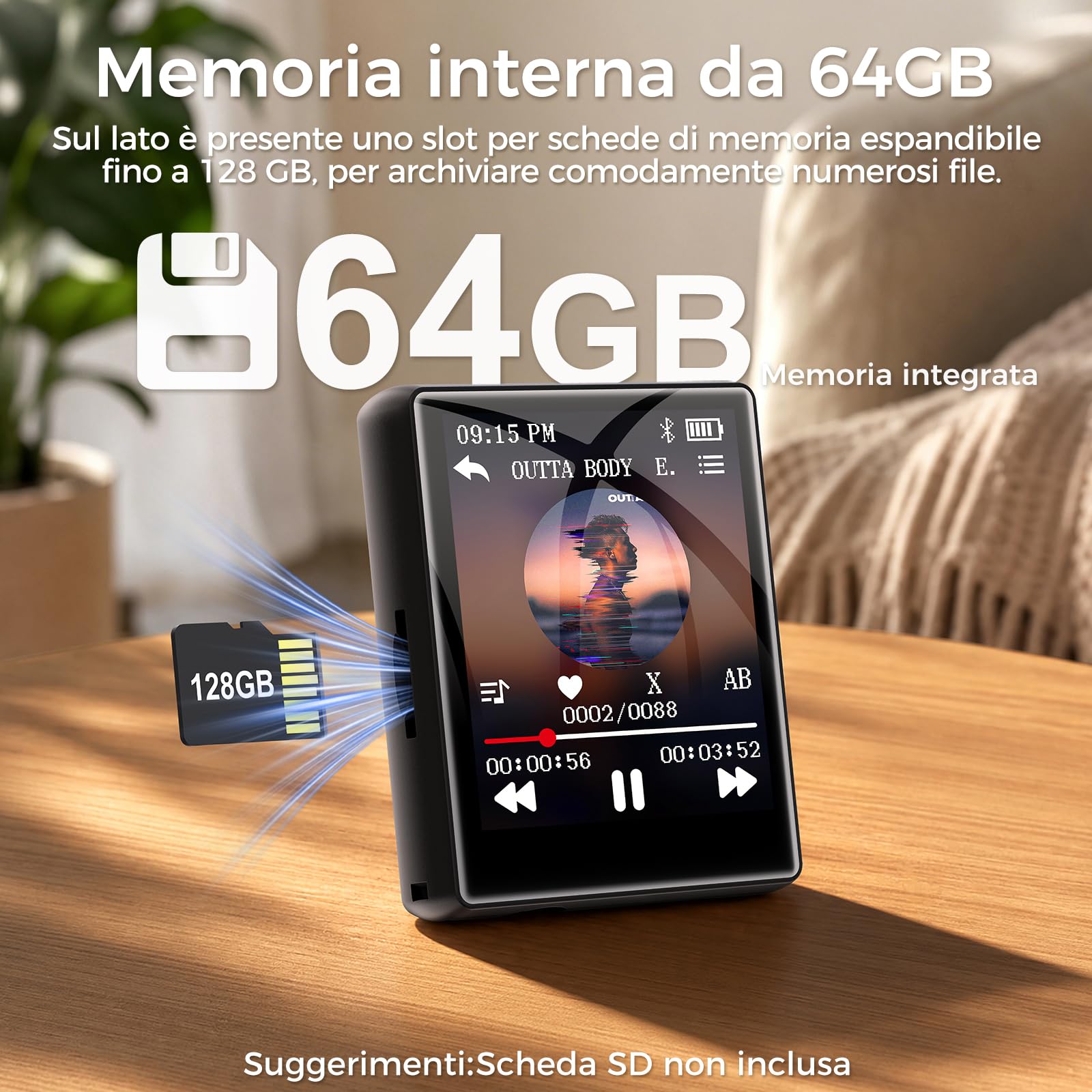 64GB Lettore MP3 con Bluetooth 5.3, lettore MP3 con touchscreen da 1,8 pollici e altoparlante, suono HiFi, radio FM, ebook, registratore, mini lettore musicale, fino a 128GB (nero, solo 55g)