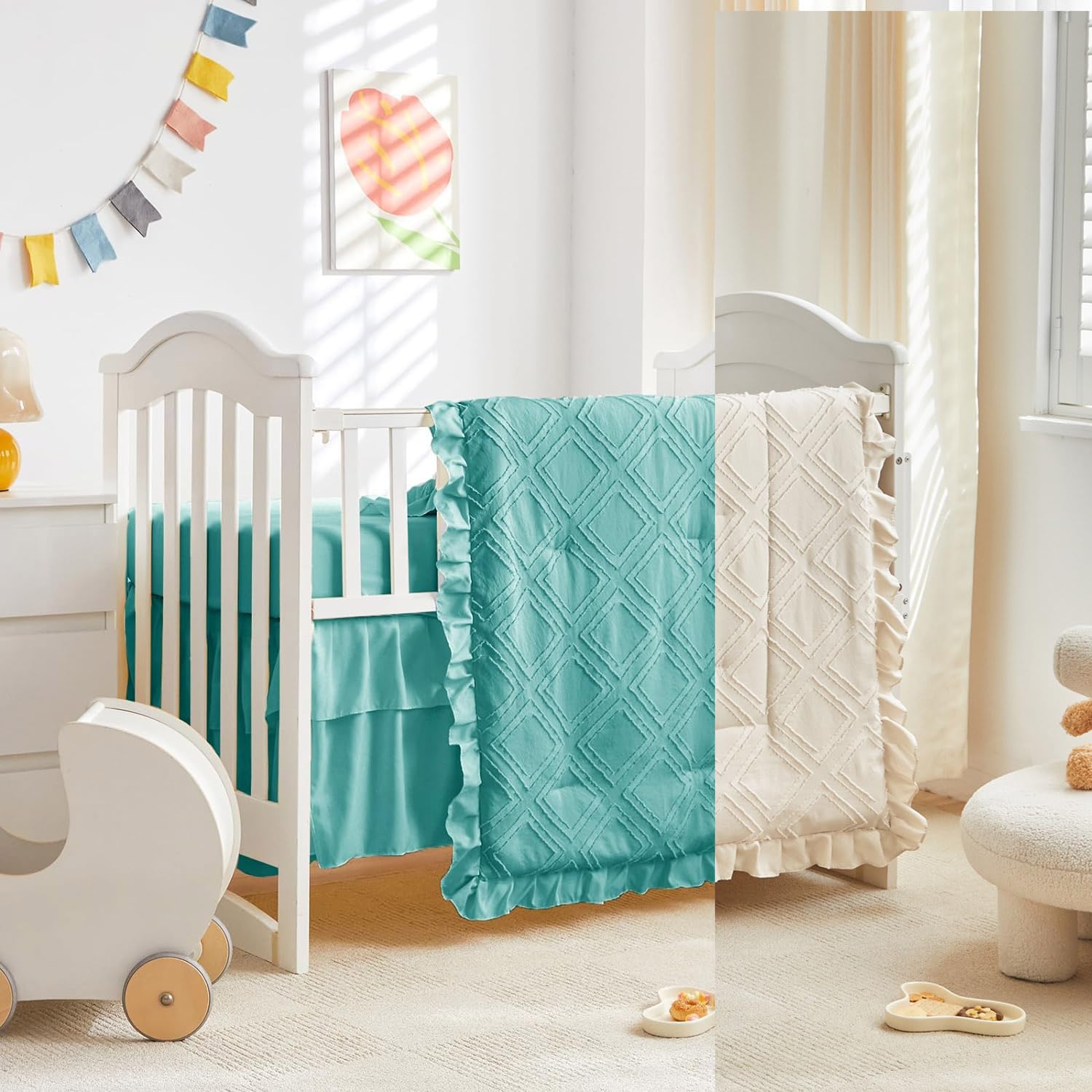 UOZZI BEDDING Mini Crib Set 3 Pieces Baby Boho Quilted Tufted Ruffles Comforter with Fitted Sheet and Ruffled Bed Skirt - Cute Shabby Baby Fits Mini Crib Only Teal Blue