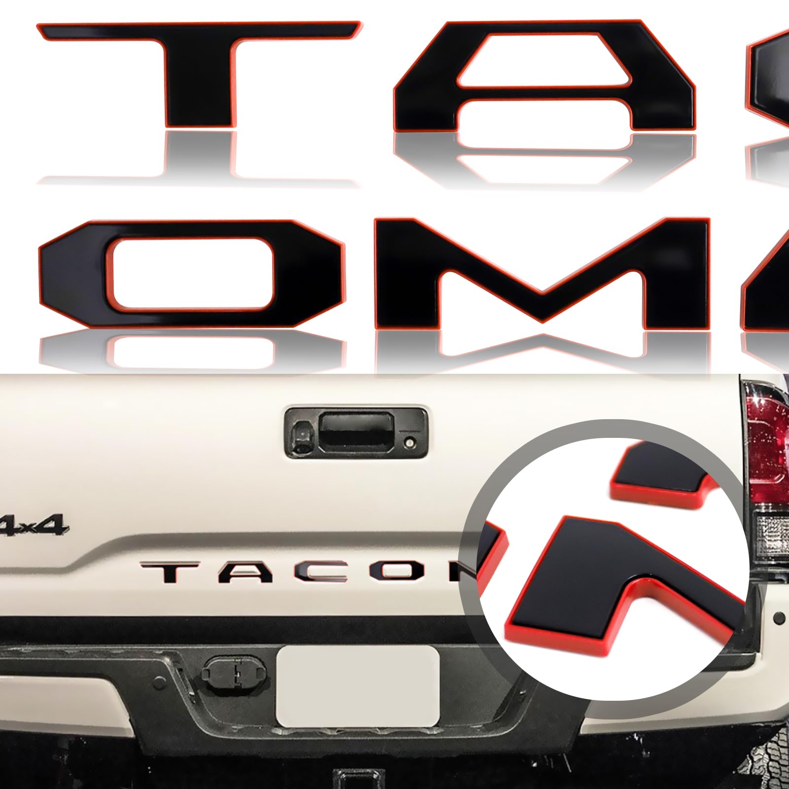 Tailgate Insert Letters Black Compatible with 2016 2017 2018 2019 2020 2021 2022 2023 3D Raised Rear Emblem Decals with Seccotine Adhesive Backing (Black with Red Board)