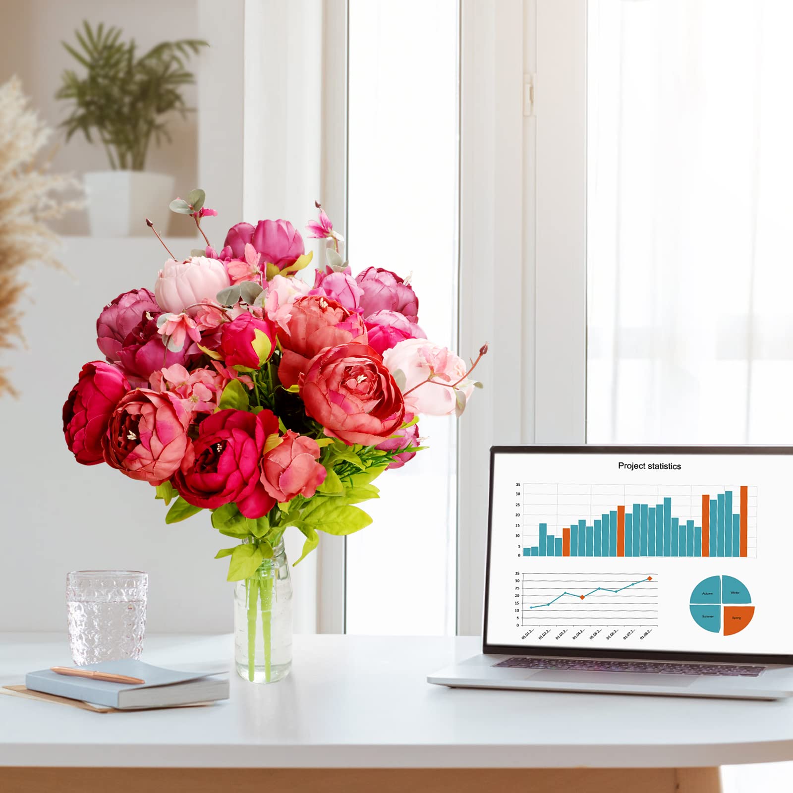 TRIXES Bouquet de 13 Pivoines en Soie, Fleurs Artificielles en Soie, Roses