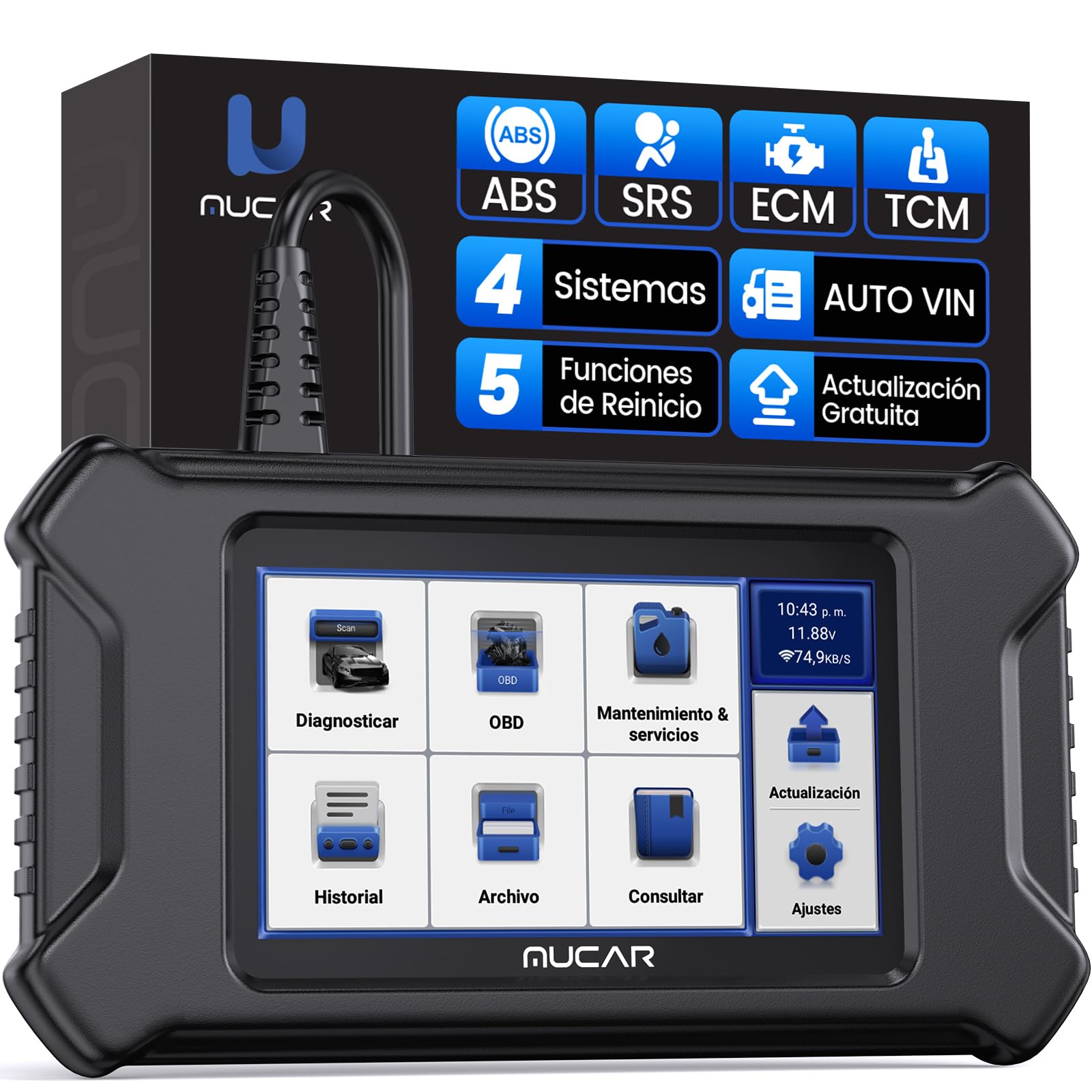 mucar OBD2 Diagnóstico, CS4 Diagnosis Coche Multimarca con 4 Sistemas (ABS/SRS/ECM/TCM) Y 5 Funciones de Reinicio (Reinicio de Aceite/EPB/SAS/TPMS/ETS), OBD2 Diagnosis para Actualización Gratuita