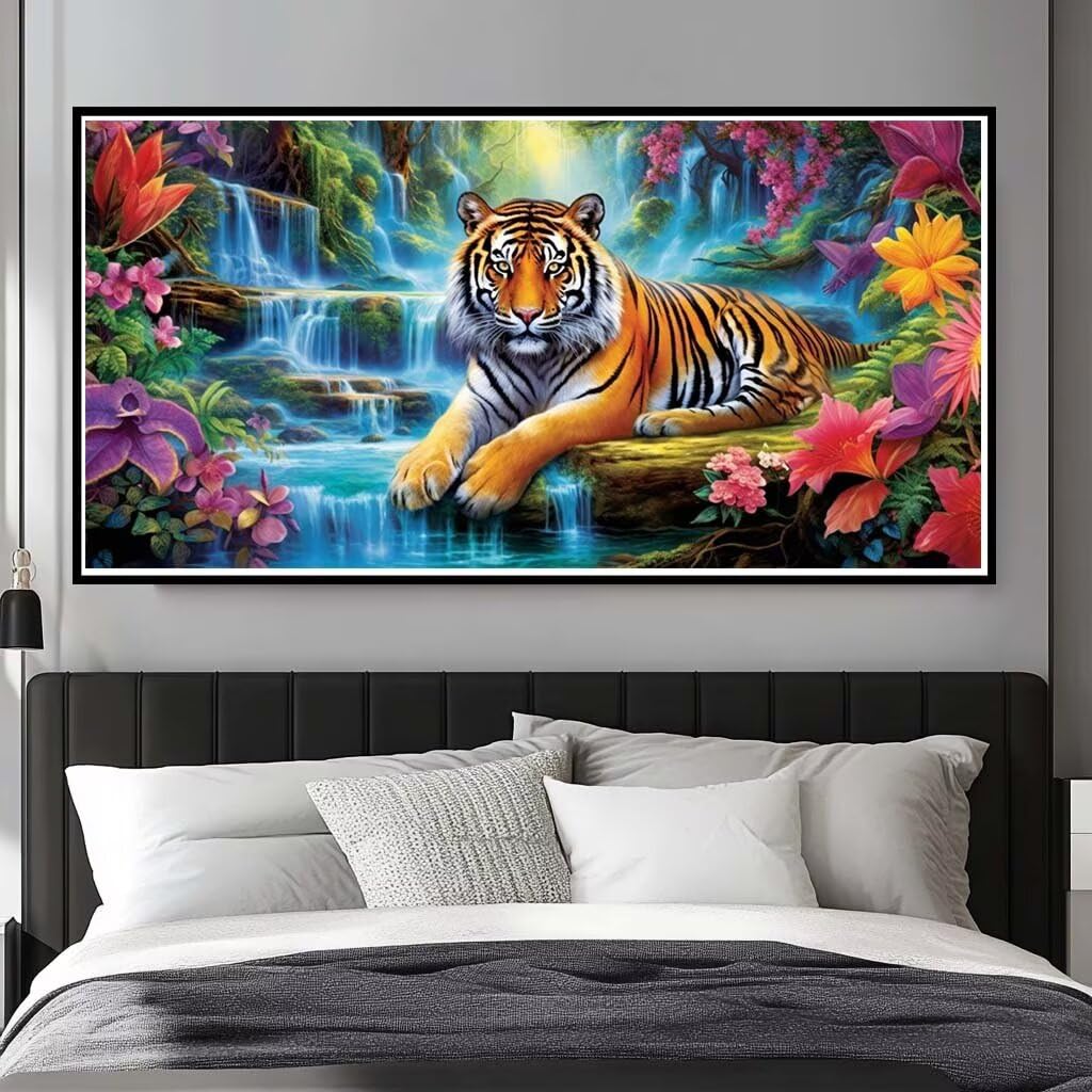 Diamond Painting Kits for Adults Large, 5D DIY Tiger Diamond Art Kits Adults Square Drill Large Dimond Art Waterfall Flowers Gem Arts Crafts for Wall Decoration 200x100cm/78.7x39.4 Inch (WL514)