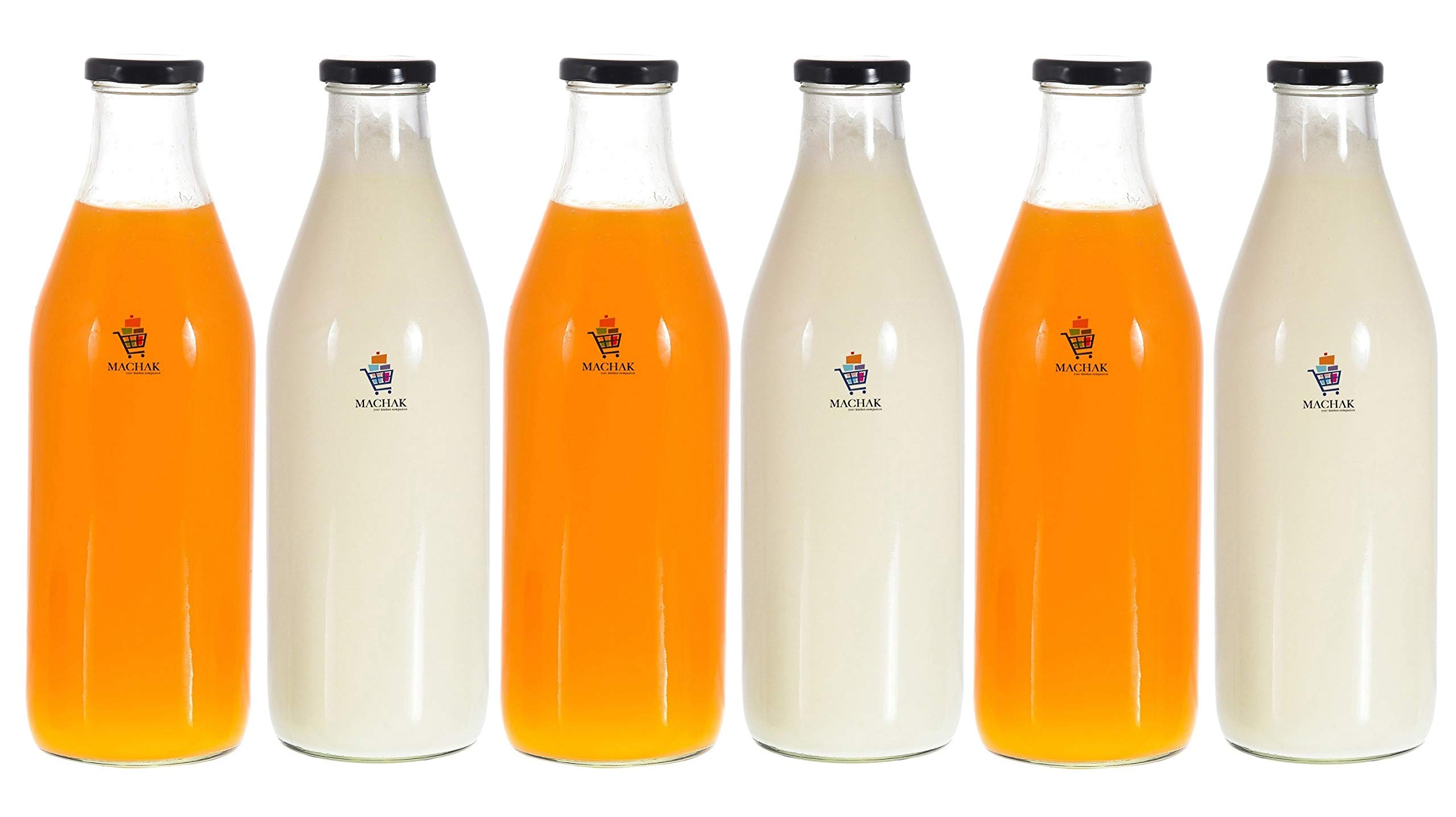 Machak Glass Bottle Set For Water Milk with Air Tight Cap, 1 Litre, Black (6 Pieces) (B08JCFJ4RM) Amazon Price History, Amazon Price Tracker