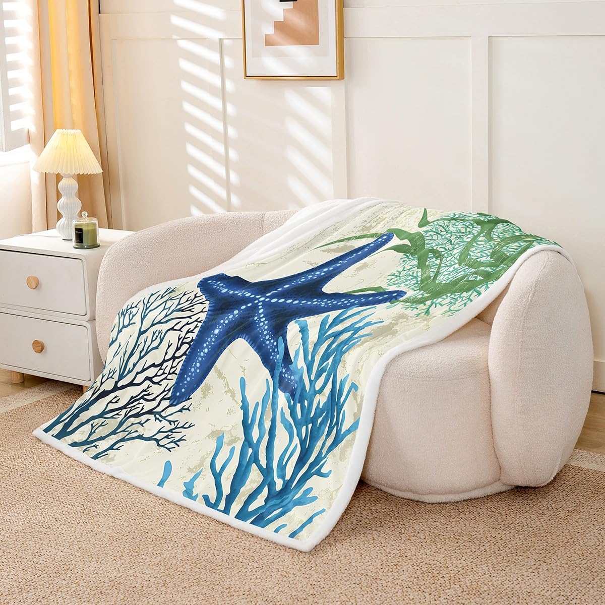 Starfish Beach Fleece Throw Blanket 40"x50" Kids Coastal Beach Ocean Plush Blanket for Bed Sofa Couch Coral Teal Blue Sherpa Blanket Breathable Ocean Marine Blue Green Fuzzy Blanket Room Decor