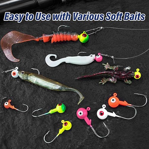 Miniatura 6 de Paquete de 10 plantillas de pesca redondas, plantillas de bola de lubina, ojos 3D, ganchos de acero de alto carbono, señuelos de bajo, cabezas de