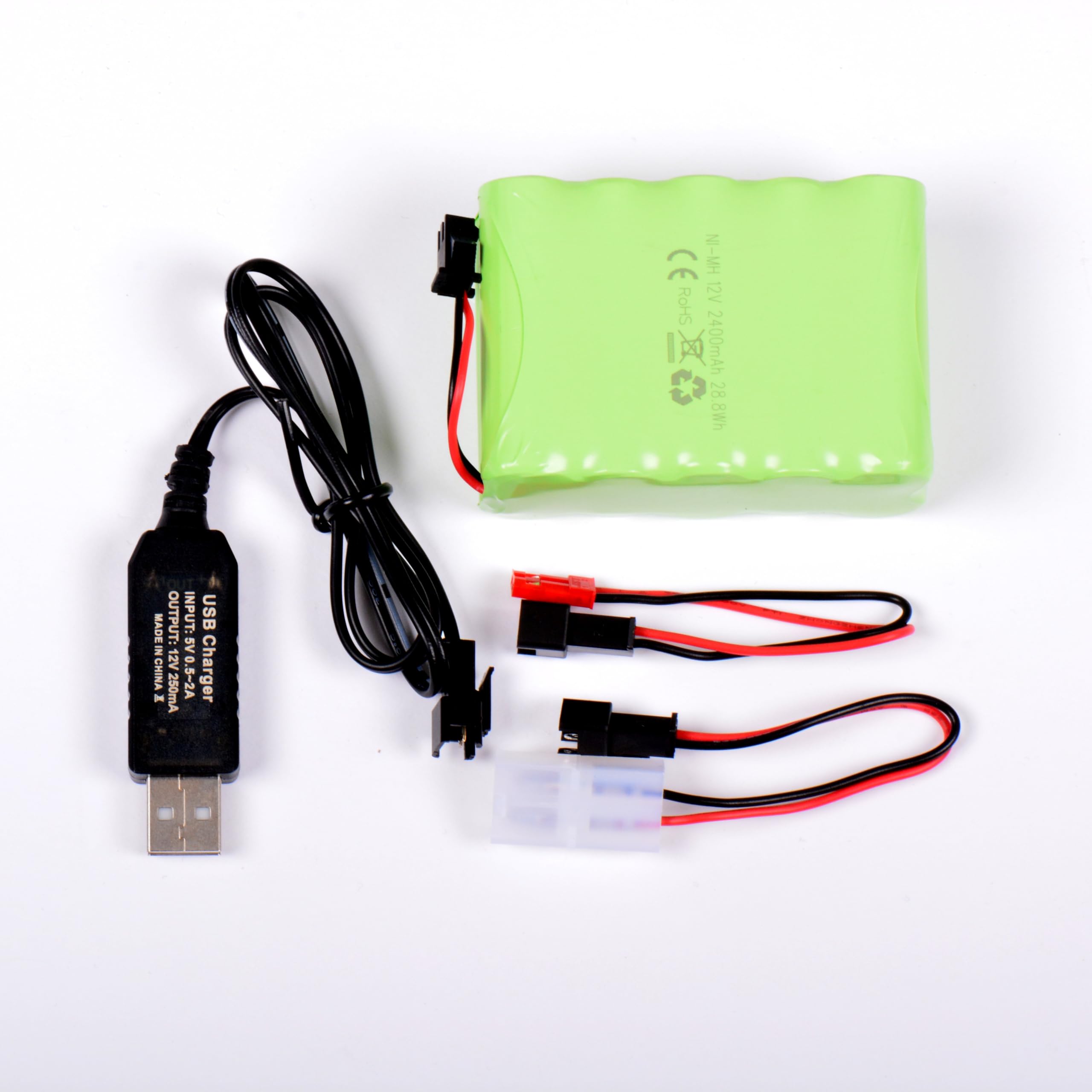 AFTERTECH PACCO BATTERIA Ni-MH 12v 2400mAh 72x52x30mm CON CAVO DI RICARICA USB E CONNETTORE SPINA SM 2P KET JST E3D4