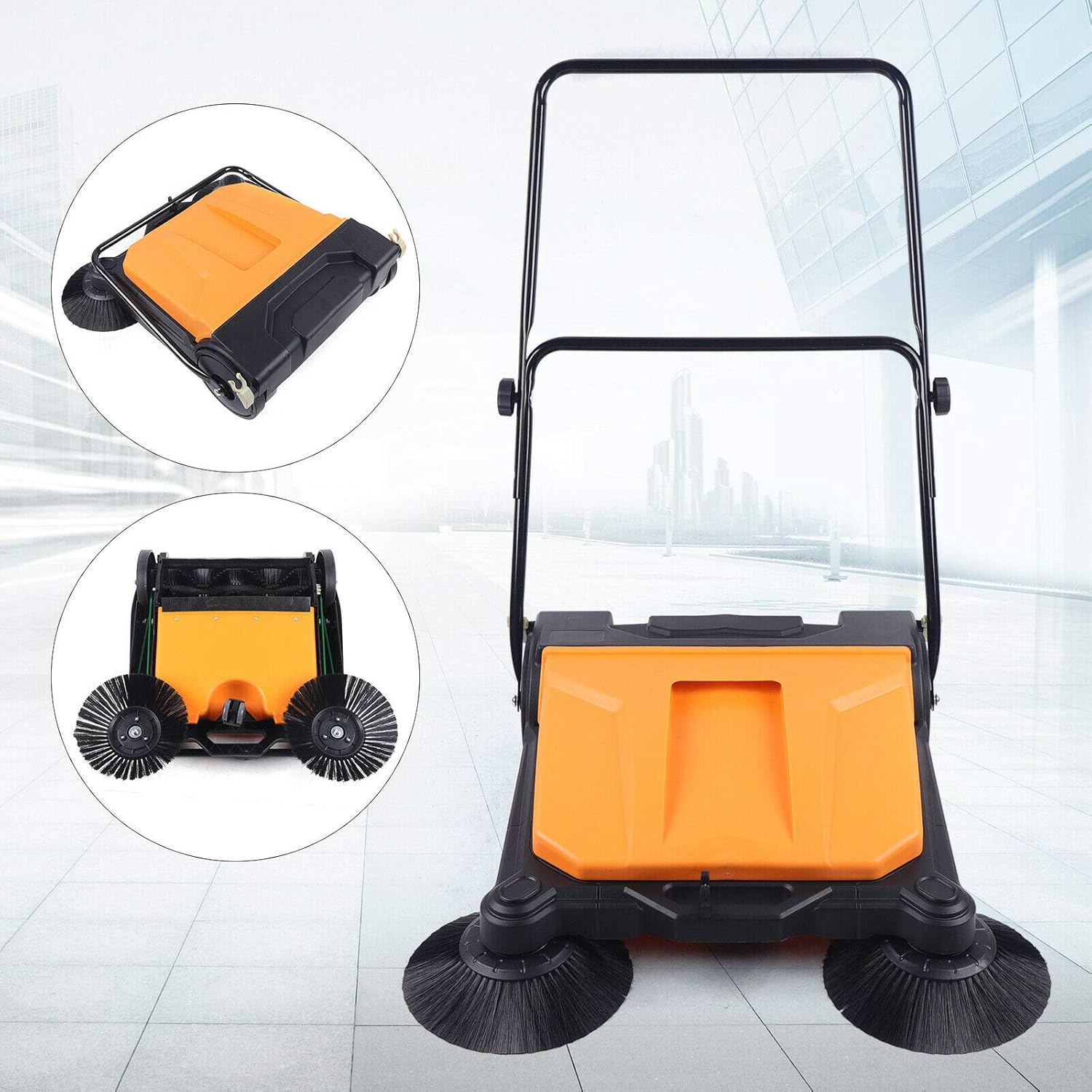 Hand Push Floor Sweeper, 26" 15L Walk-Behind Manual Push Sweeping Machine with 2 Brooms, Foldable Industrial Push Cleaner for Street Garden Warehouse Sweeping Cleaning, 2720㎡/h