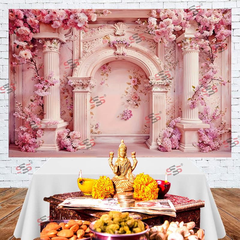 Image of S2S Pink Piller Backdrop Cloth for Pooja Decoration Traditional, Background Decoration Cloth | Curtain Cloth for All Festival, Functions & Ceremonies - (5 x 8 Feet) (Pink Piller)
