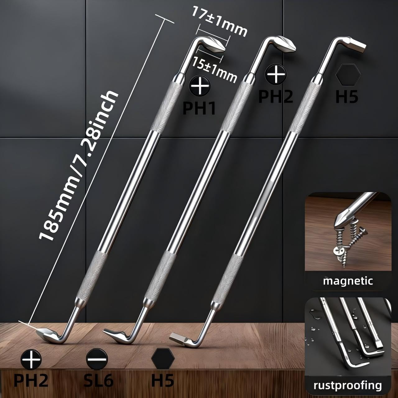 3PCS Extended type strong magnetic 90 Degree Z-Type Double Ended Screwdriver Sets(Slotted Phillips Hex) Low Profile Screwdriver Ultra hort Right Angled Screwdriver Bit Suitable for Tight Spaces