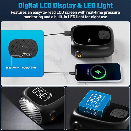 Miniatura 7 de Compresor de aire portátil para inflado de neumáticos, inflado rápido, apagado automático y pantalla LED, bomba de aire de alta potencia para