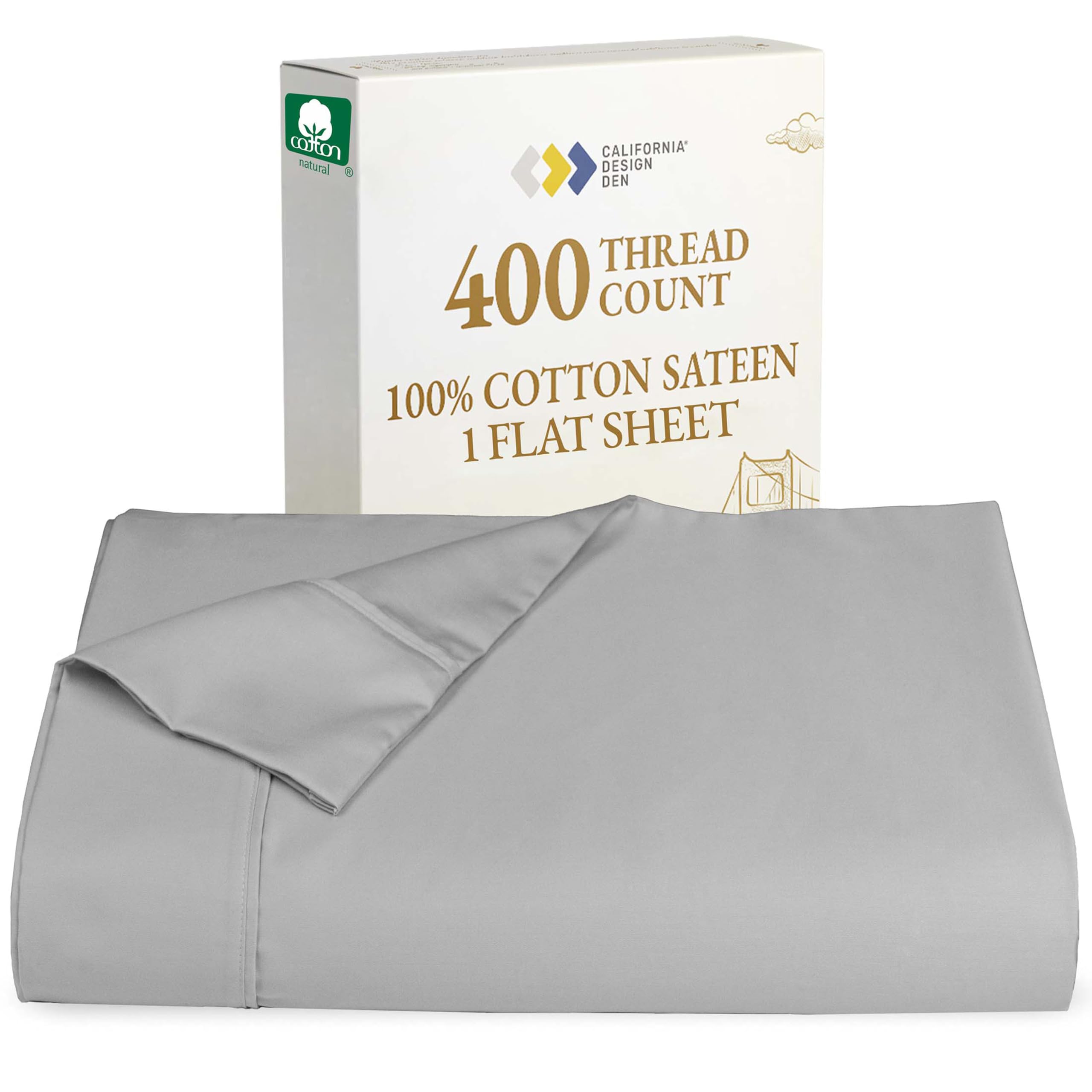 California Design Den Queen Size Flat Sheet, 400 Thread Count 100% Cotton Sateen, Sateen, Single Queen Flat Sheet Only - Light Grey