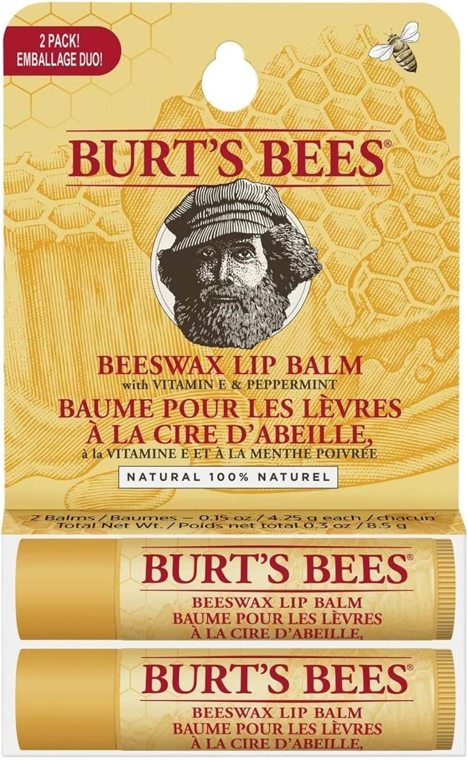 Burt’s Bees 100% natuurlijke, hydraterende lippenbalsem in voordelige verpakking van 2, bijenwas, 2 tubes in blisterdoos, 8,5 g