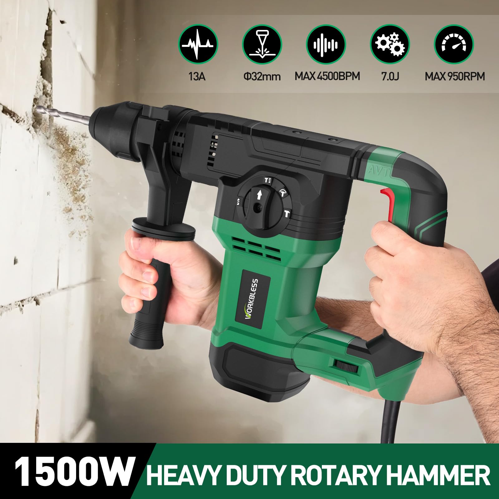 SDS-Plus - Taladro de martillo rotativo de 1-1/4 pulgadas, 13 AMP, versión ligera con cable para astillado de demolición de hormigón, 5 brocas SDS-Plus, 7J