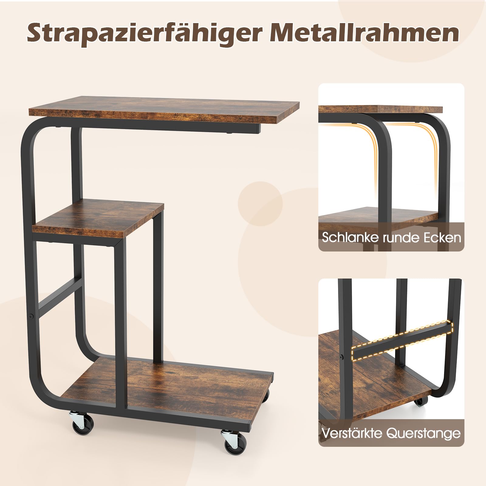 COSTWAY Stolik pomocniczy, stolik kawowy na kółkach, w kształcie litery C, 3 poziomy, mobilny, do salonu, metalowa rama, do kawy i laptopa, 53 x 30 x 70 cm, wzornictwo przemysłowe (2)
