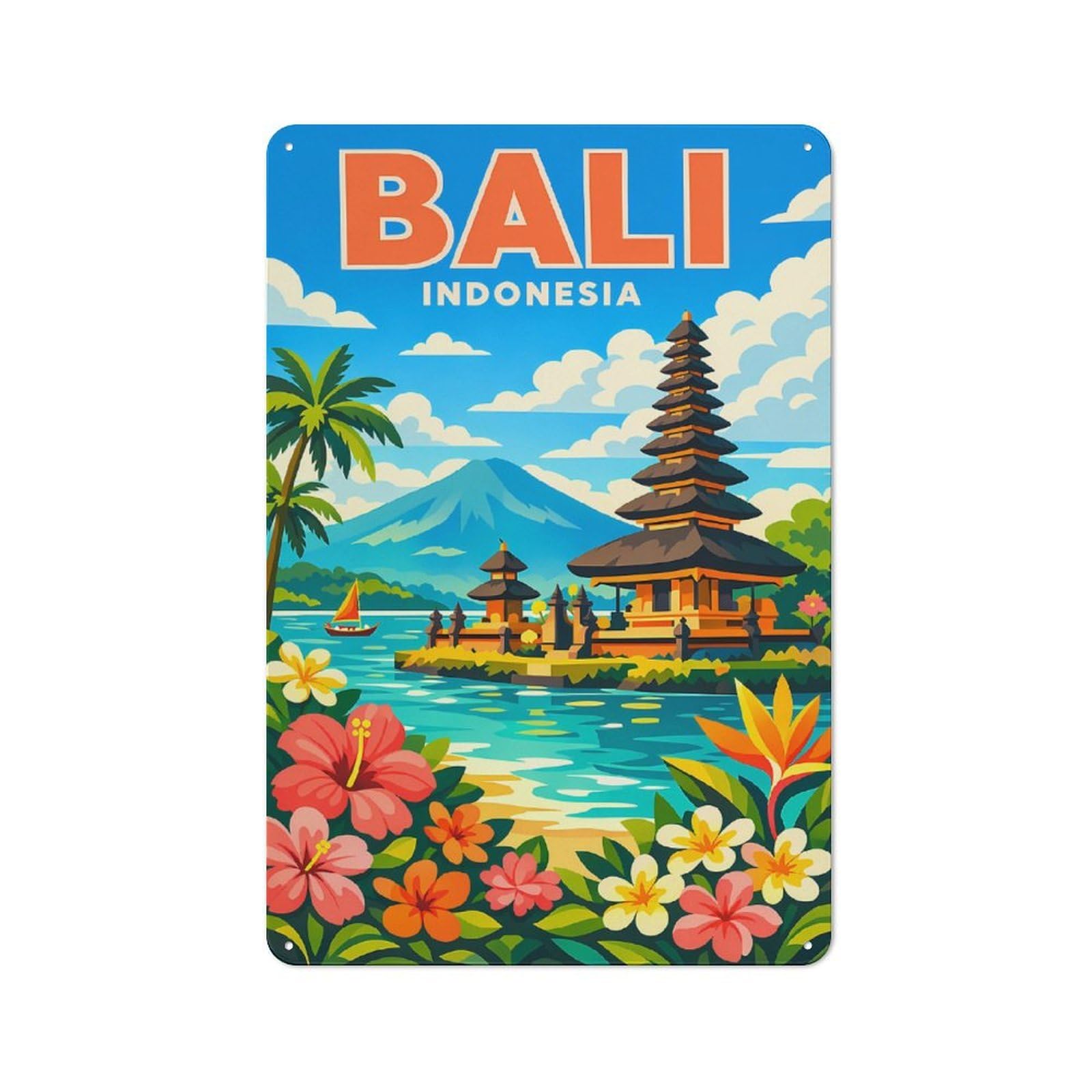 Junmoney Style-10 Metal Wall Plaque With Bali, Indonesia Travel (4) Design 30X20cm, Simple Retro Studio Wall Plaque For Hobby Room, Office, Lounge Or Living Room