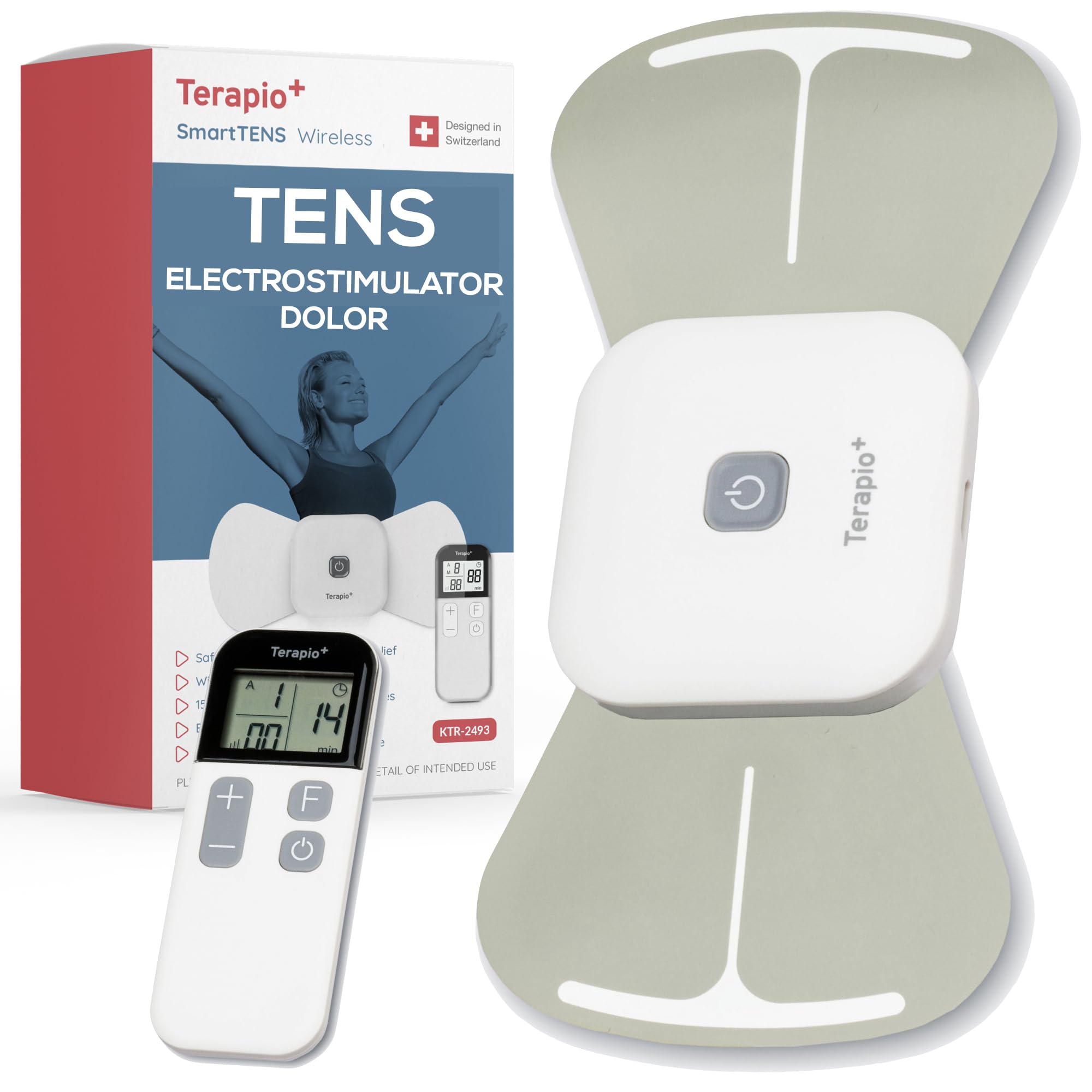 Electroestimulador TENS Inalámbrico para el Alivio del Dolor. Electroestimulador Muscular de Fisioterapia con Mando a Distancia. Recargable. 15 Modalidades para el Tratamiento del dolor