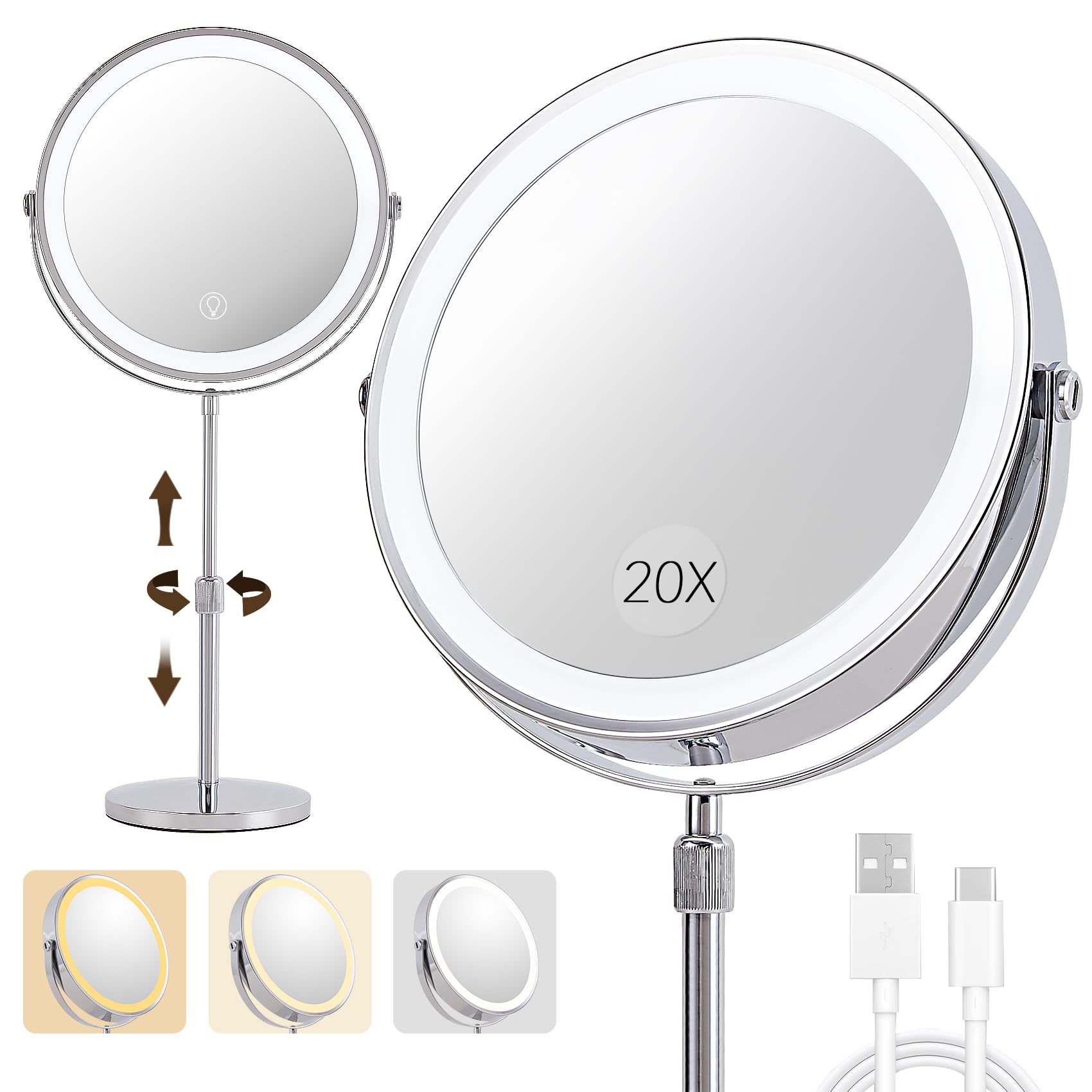 Miroir grossissant 20X avec lumières rechargeables grand miroir de maquillage 3000mAh