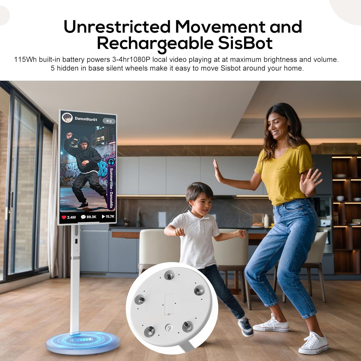 32-Inch Smart Rolling Tv Monitor With Wheels, Fhd Touch Scre...