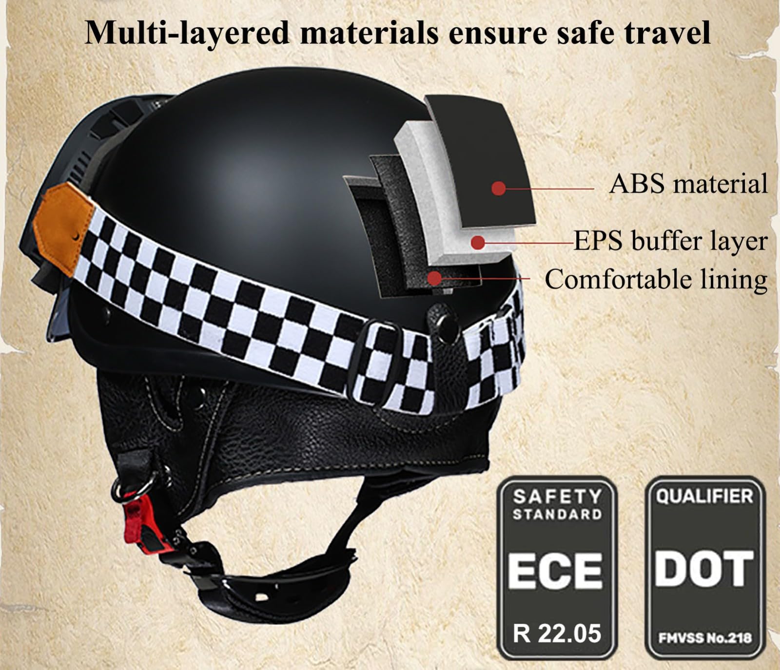 Kask motocyklowy retro (pół kasku) dla dorosłych (mężczyźni i kobiety), odpowiedni do motorowerów, cruiserów i skuterów wodnych. Zatwierdzony DOT/ECE, lekki i z systemem wentylacji.