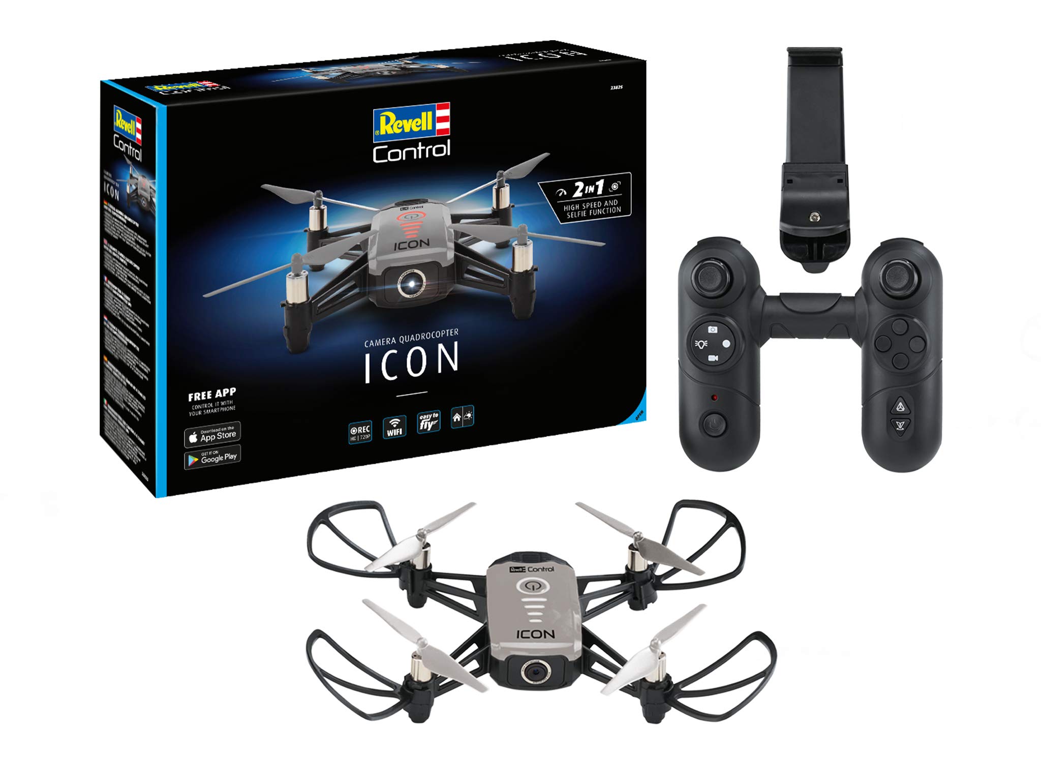 Revell Control23825 RC Camera Quadcopter ICON, 720p, 2.4GHz remote control, also via smartphone app controllable, face detection remote controlled quadrocopter, 18cm