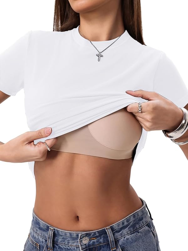 Danysu Cotton Tops for Women Built in Bra Fitted Short Sleeve White Shirt L by Danysu - Used condition - Image 2