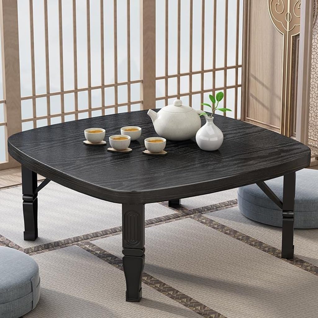 Japanese Style Folding Tea Coffee Table Low Height Ideal for Dining Study Small Desk for Sitting on the Floor in Bedroom Bay Window Tea Room Outdoor Space Saving Square Design (Color: Black
