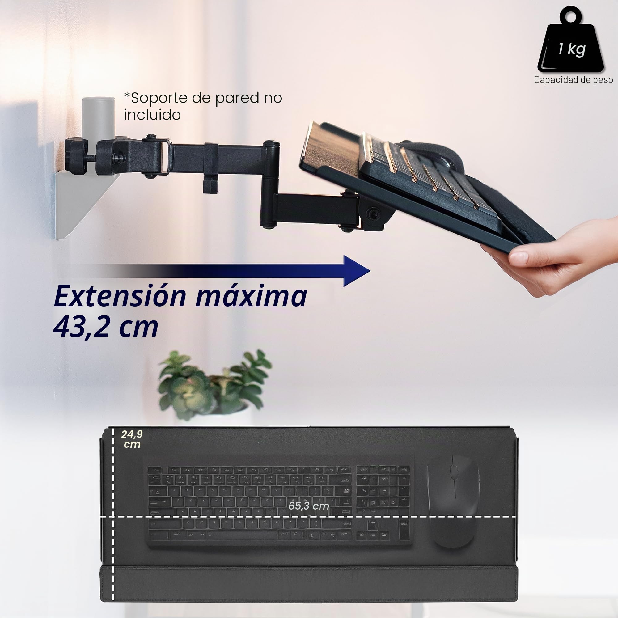 Vivo Mount-POLEKB Soporte Universal para Bandeja de Teclado y ratón de 66 cm, rotación de 360 Grados, posición de Escritura Neutra, Color Negro