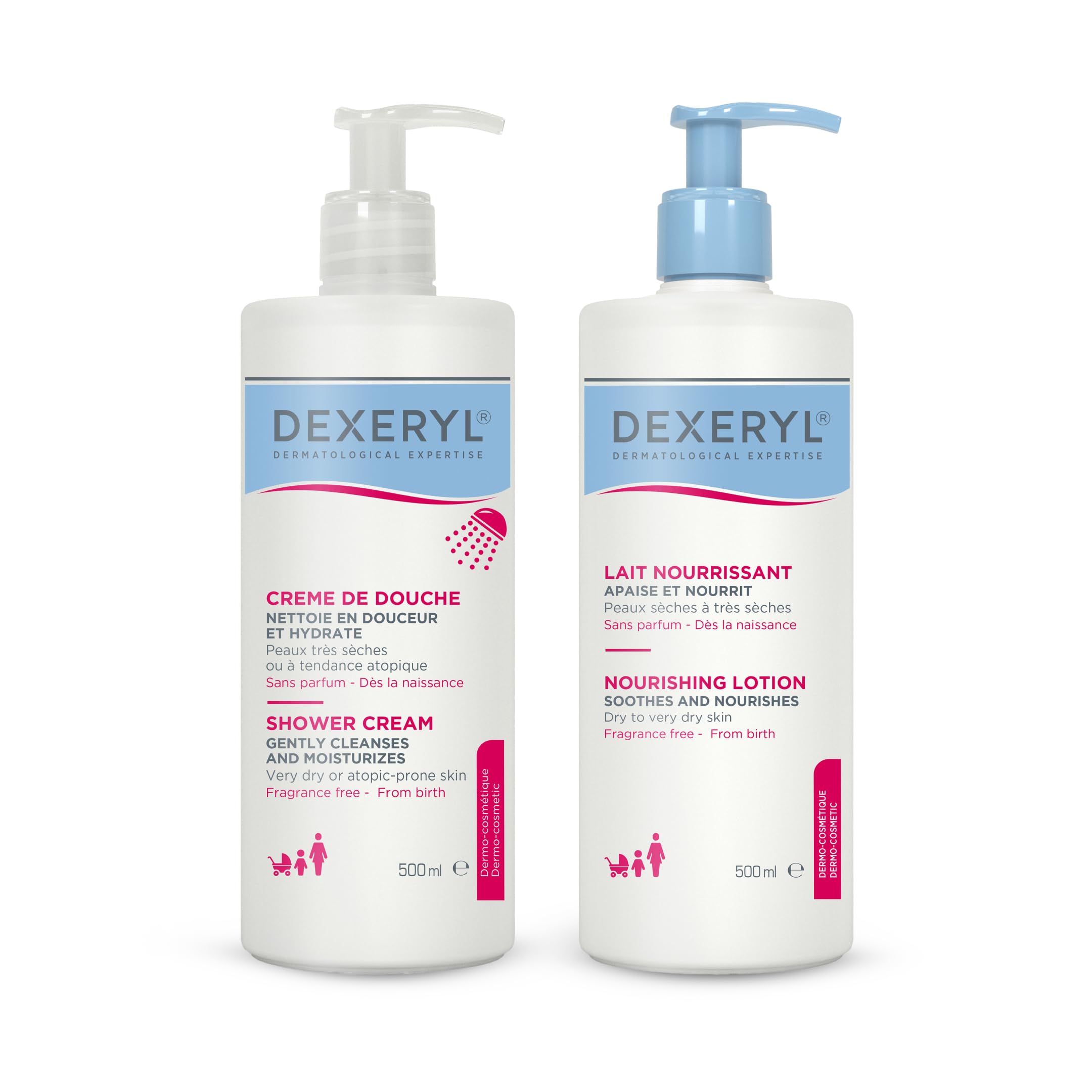 Dexeryl® Shower (500 ml) + Pflegelotion (500 ml): Sanfte Reinigung und feuchtigkeitsspendende - Lotion für trockene bis sehr trockene Haut, für Körper und Gesicht, hypoallergen