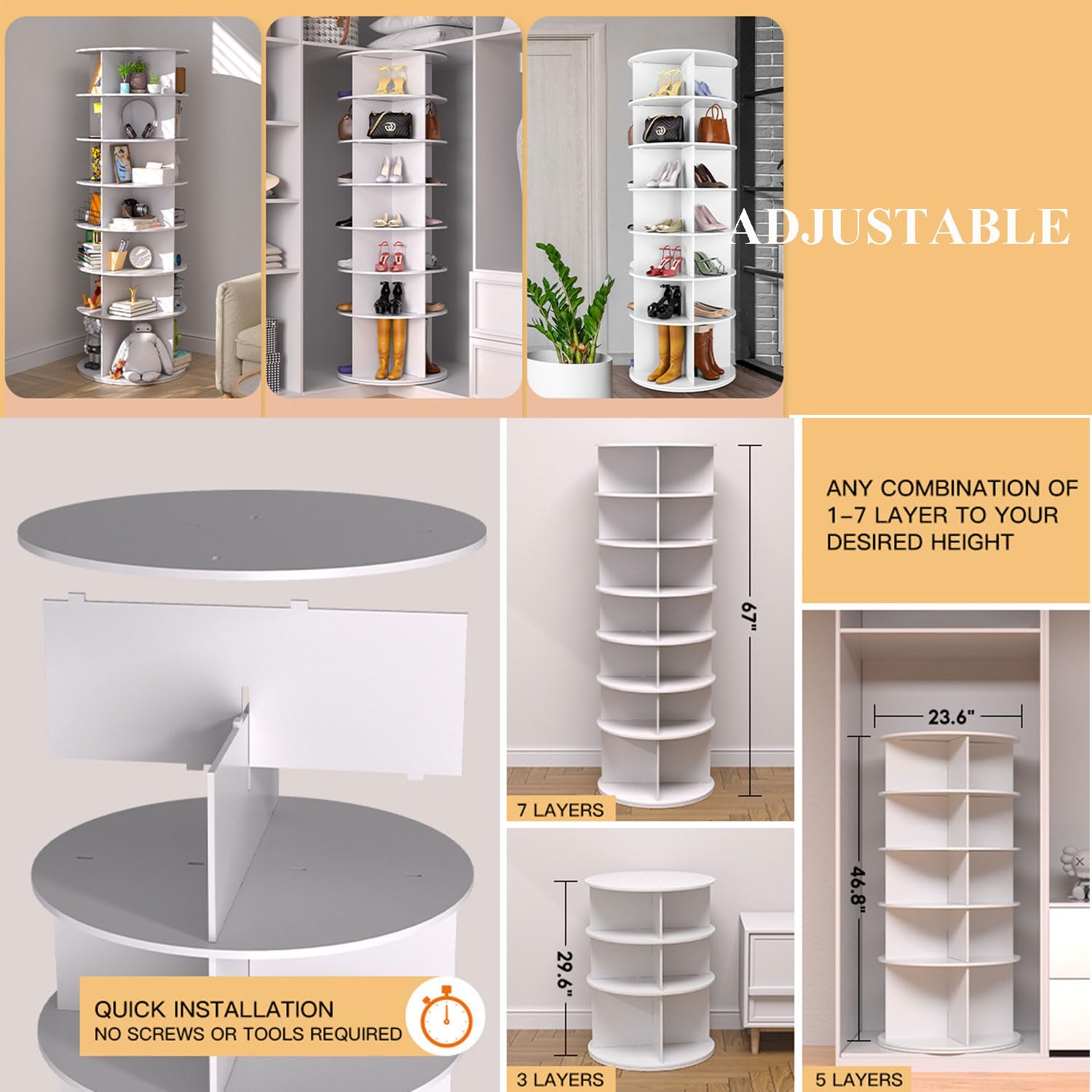 Zapatero Giratorio 360 Redondo, Organizador Giratorio Zapatos Bolsos, 7 Niveles 360 Carrusel Estantería de Almacenamiento de Plástico para Armario Esquinero de Baño Armario Dormitorio Entrada