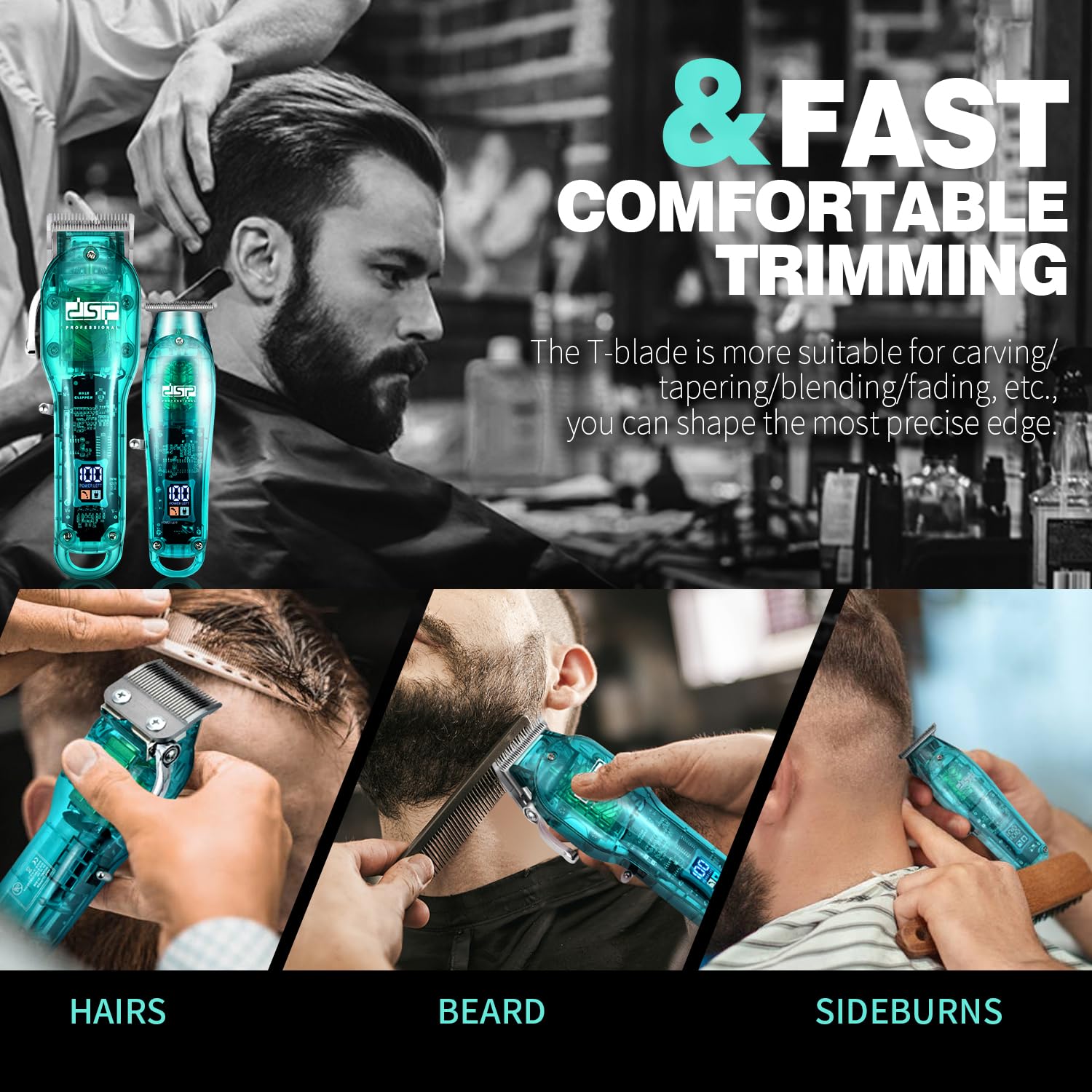 Dsp® coupe - cheveux pour hommes, kit tondeuse ensemble professionnel de coiffeur pour la Coupe des cheveux et de la barbe, tondeuse à barbe à pas zéro avec affichage LED (bleu)