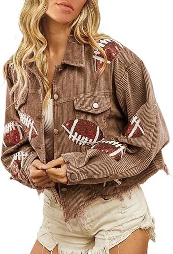 ELLENWELL Womens Cropped Corduroy Jacket Vintage Patched Football Sequin Shacket Jacket