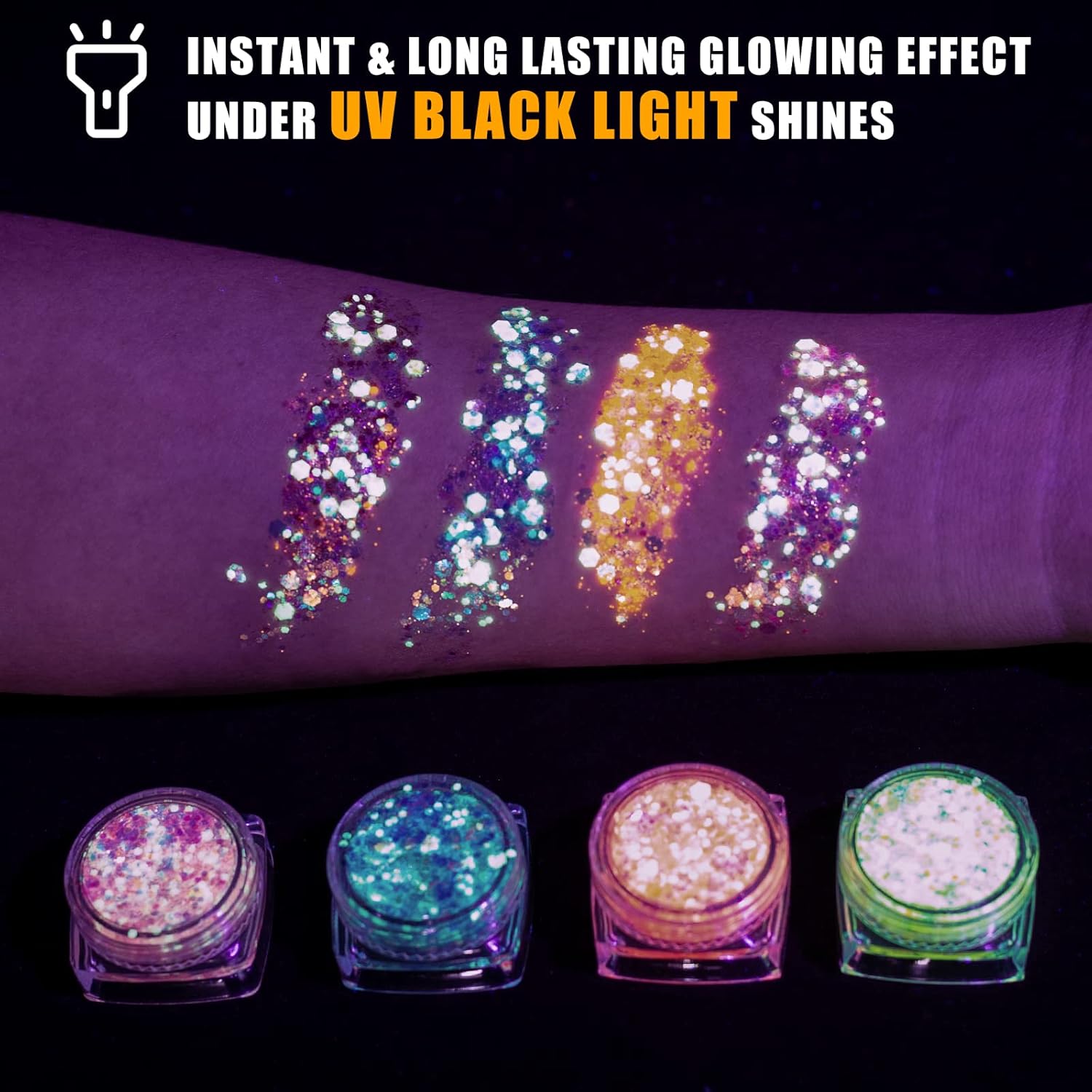 Glow in The Dark Body Face Glitter Gel for Women, 12 Colors Glitter Gel Makeup Chunky Fine Glitter, UV Black Light Glitter for Body/Face/Hair/Eyeshadow, Glitter for Carnival Party(Not Loose Glitter) : Beauty & Personal Care