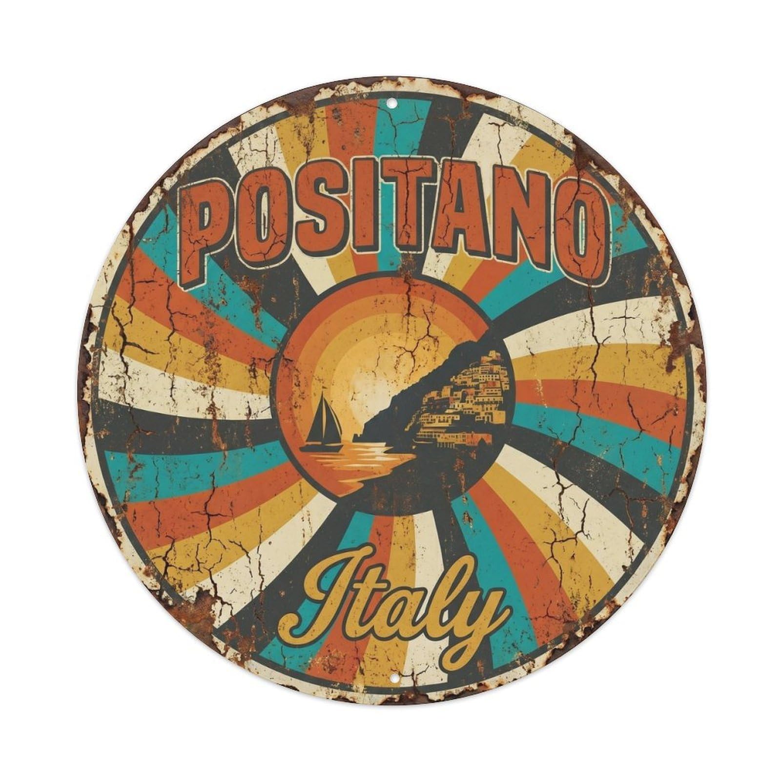 City Landmark Positano Italy Classic Destination Heritage Scenic Metal Tin Sign Plaque Wall Decor for Cafe, Man Cave, Club Bar, Office, Home Garden Round Metal Poster 8x8Inch