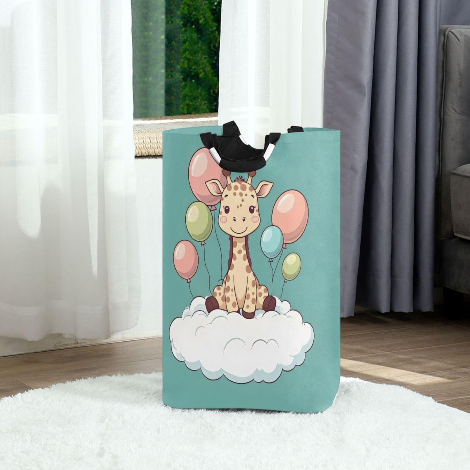 Jihqo Laundry Hamper Basket Giraffe with Balloons on Cloud Collapsible Nursery Storage Bin Waterproof Clothing Baskets for Home Bedroom Bathroom Washing Room