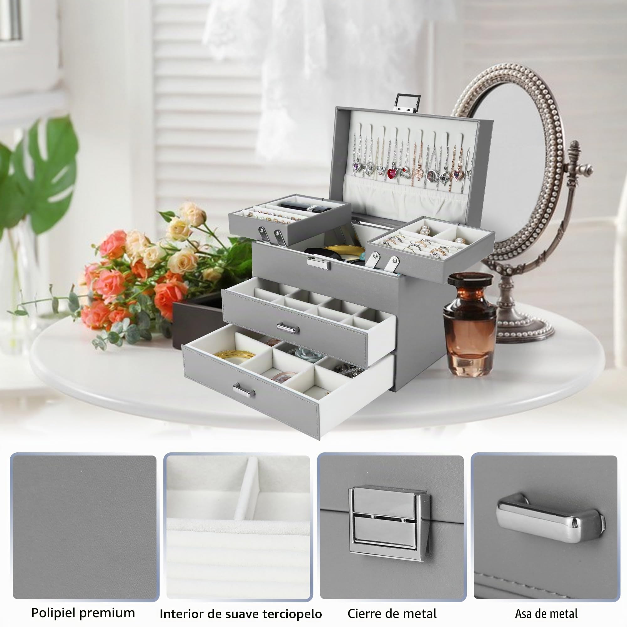 Dajasan Joyero, Joyeros Mujer Organizador, 4 Niveles Grande Joyero con 2 Cajón, PU Cuero Joyeros, Caja jewelry organizer de Anillos, Collares, Aretes, Relojes (Gris)