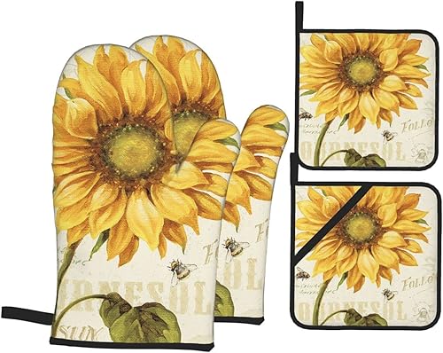 Juego de 4 manoplas de horno y soportes para ollas con diseño de girasoles, vintage, resistentes al calor, con guantes de horno y almohadillas