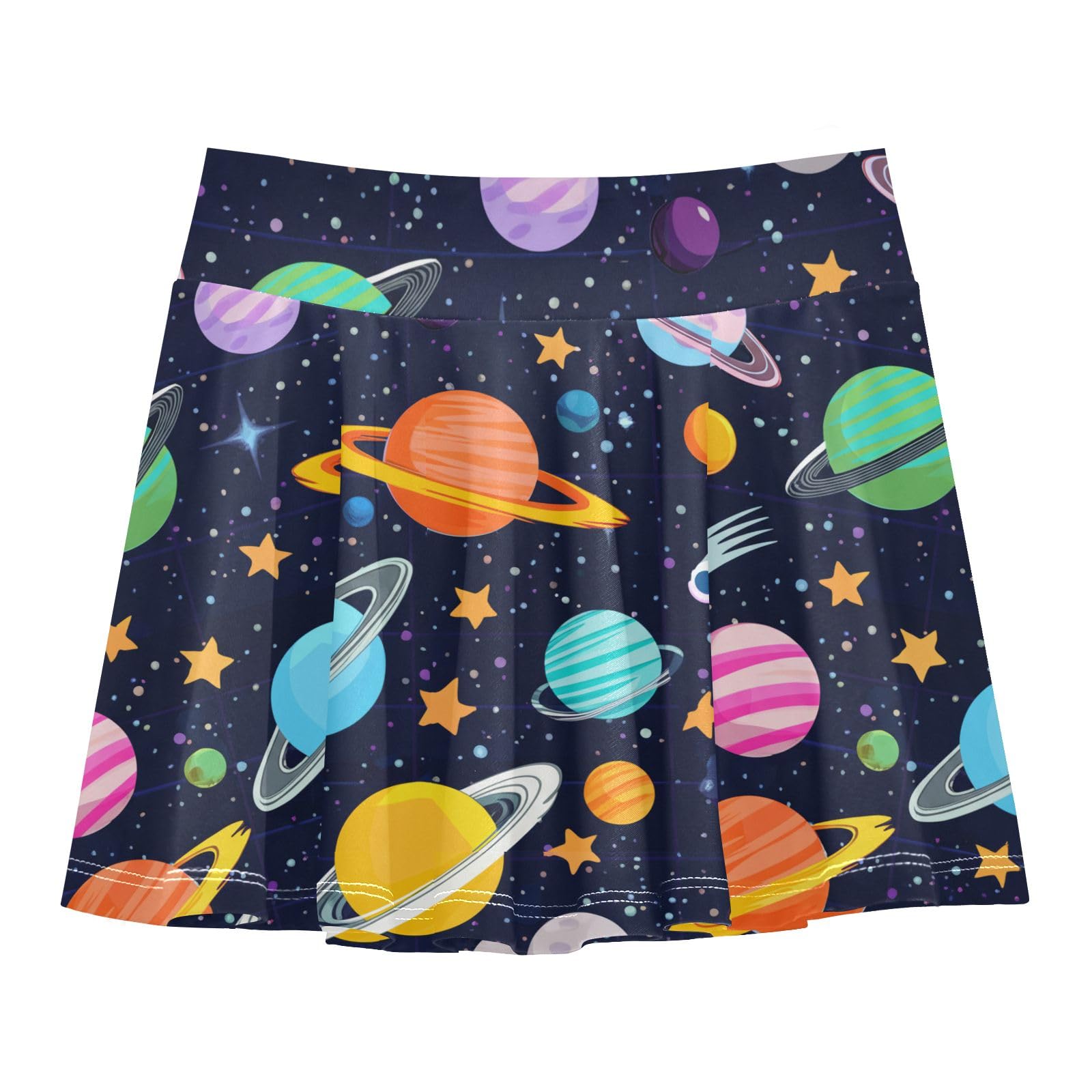 CHIFIGNO Girls' Pleated Skirts with Shorts Tennis Athletic Skorts Dance Sport Skirt Colorful Planets Dark Blue Size 11-12