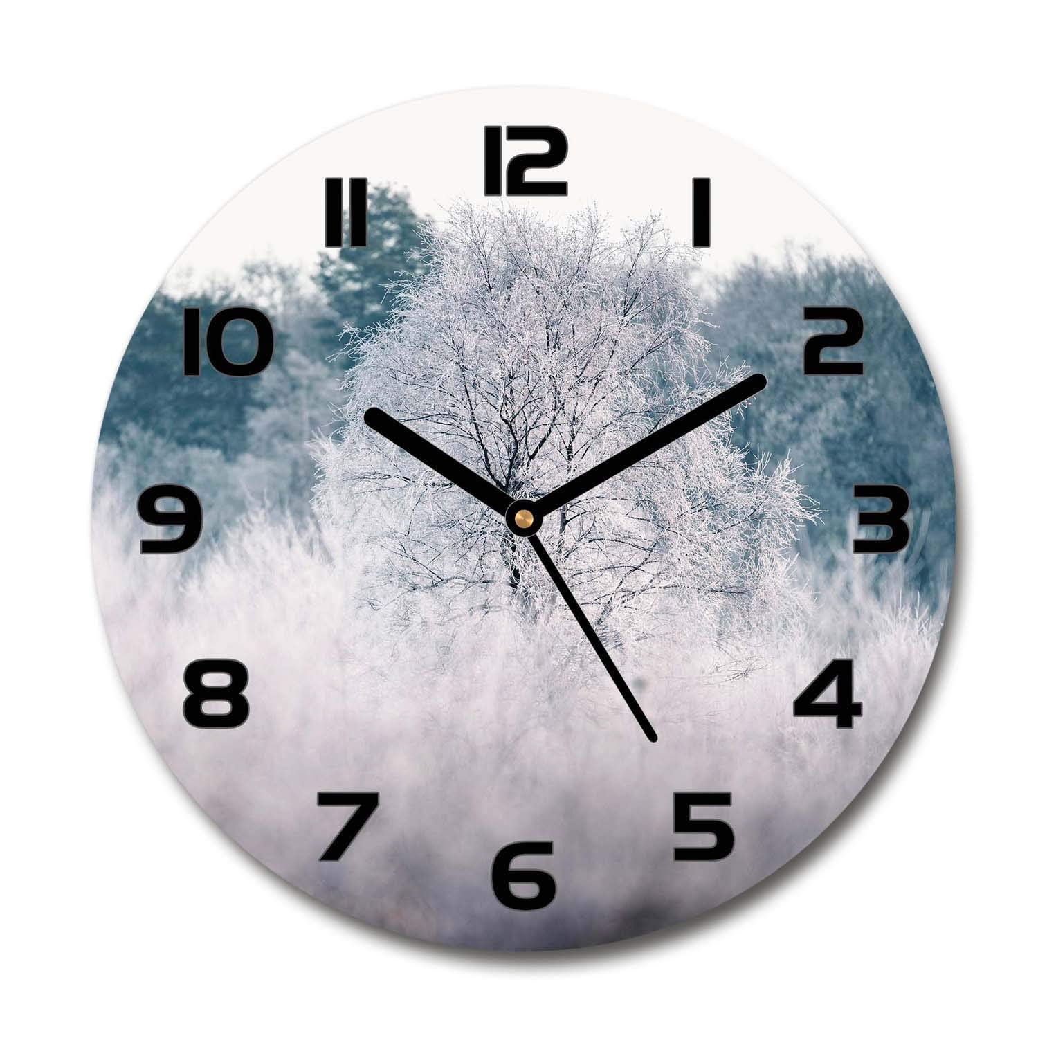 Horloge en verre 60x60cm Tulup : cadran silencieux imprimé Arbres d'hiver pour salon chic