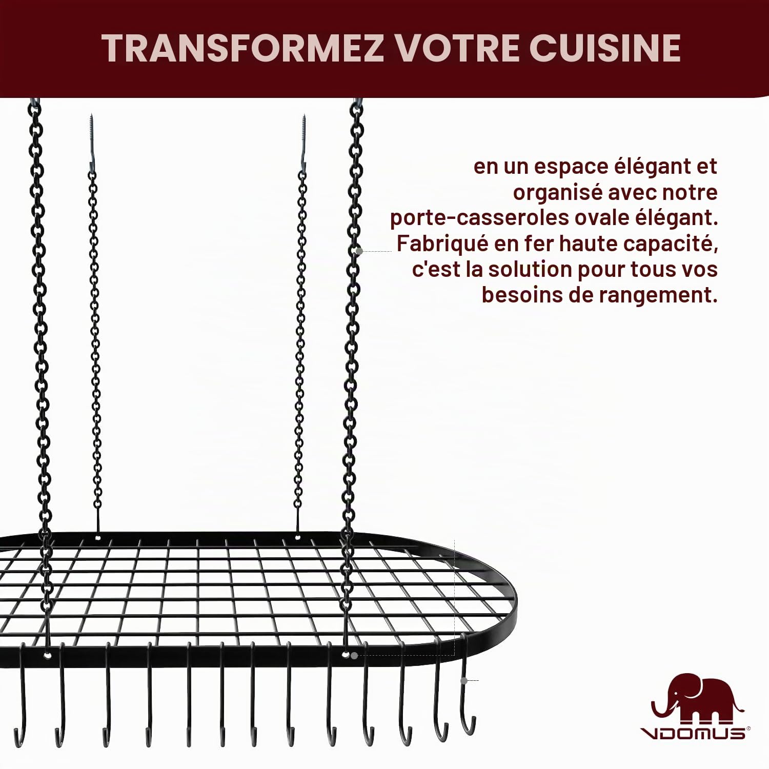Vdomus Étagère de rangement robuste pour casseroles – 83 x 43,2 cm – Rangement au plafond élégant en alliage d'acier noir avec 15 crochets – Organisez les ustensiles de cuisine et les ustensiles de