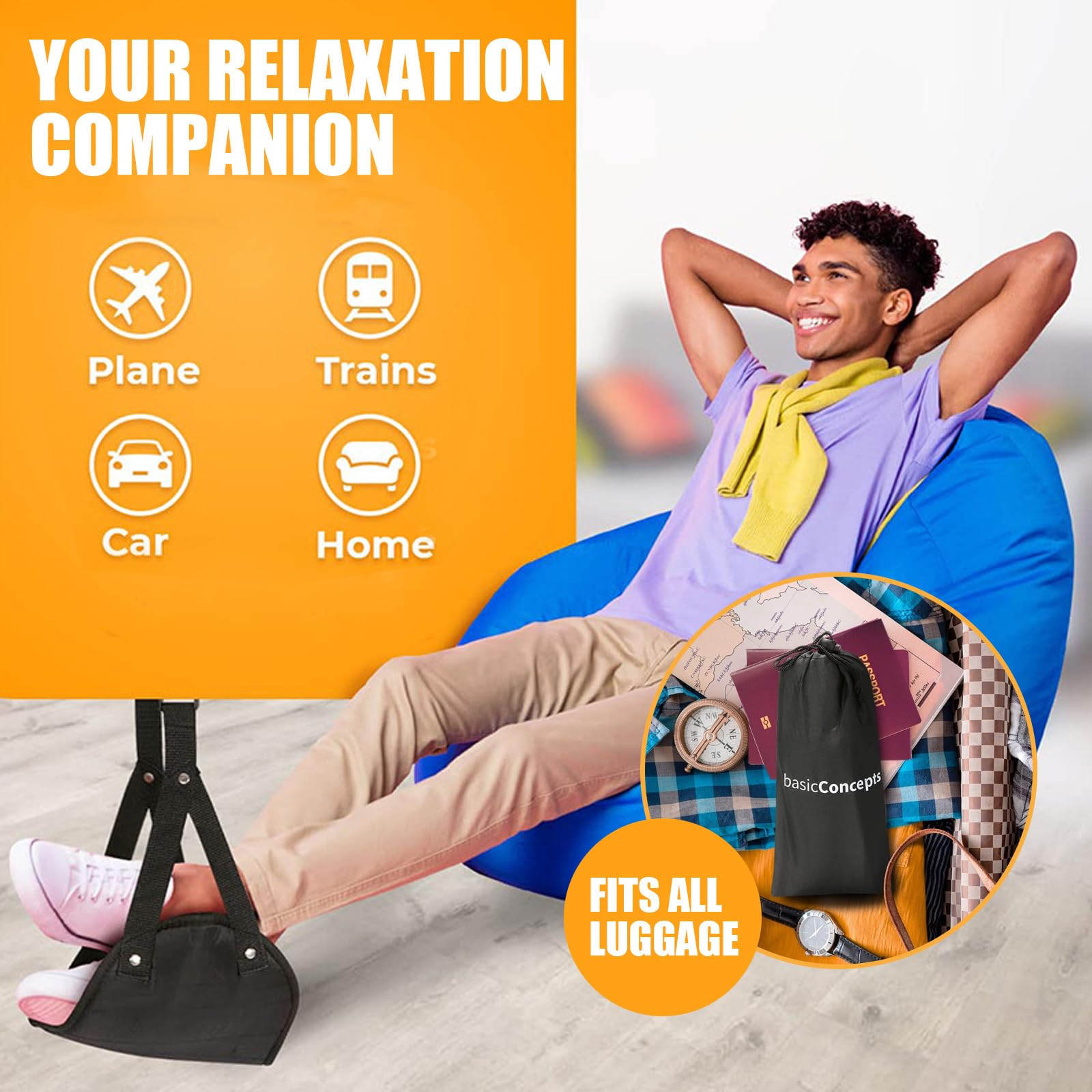 Paquete de 2 hamacas para pies de avión, reposapiés de viaje, imprescindibles para vuelos largos, reposapiés para viajes en avión, esenciales para viajes y hogar (azul)