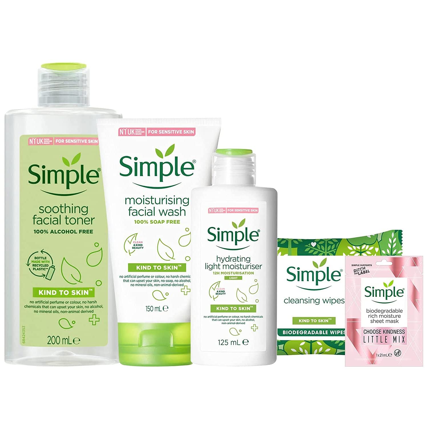 Simple Essentials Skincare Set - Facial Toner (200ml), Moisturising Face Wash (150ml), Hydrating Light Moisturiser (125ml) Biodegradable Wipes (x 20) & a Rich Moisture Sheet Face Mask